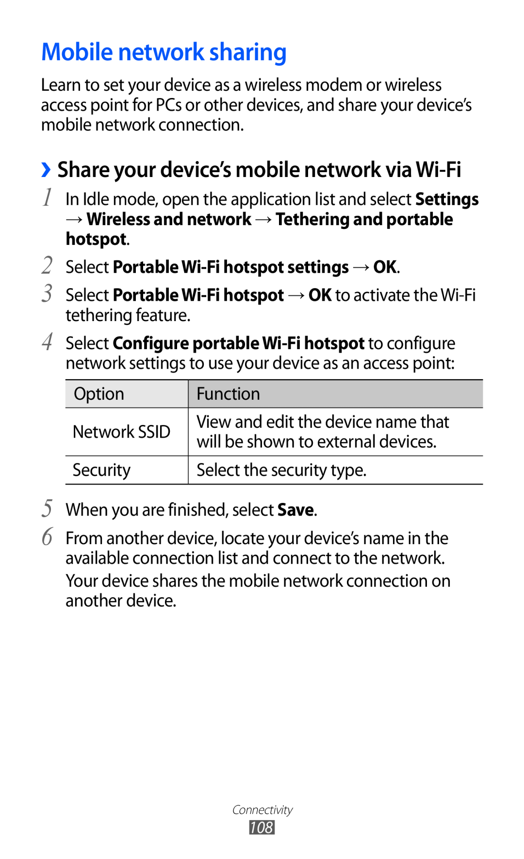 Samsung GT-I9070 user manual Mobile network sharing, ››Share your device’s mobile network via Wi-Fi 