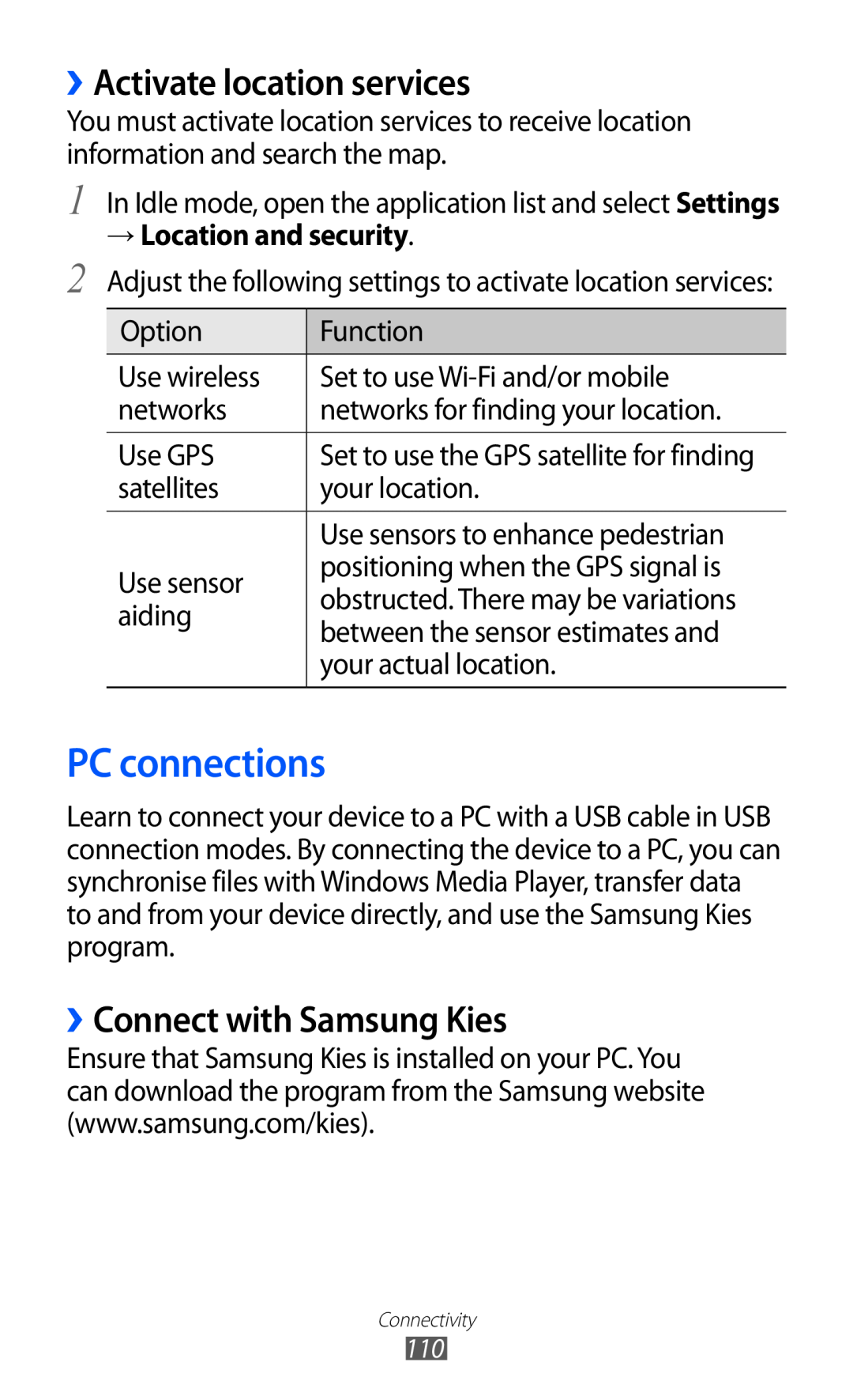 Samsung GT-I9070 PC connections, ››Activate location services, ››Connect with Samsung Kies, → Location and security 