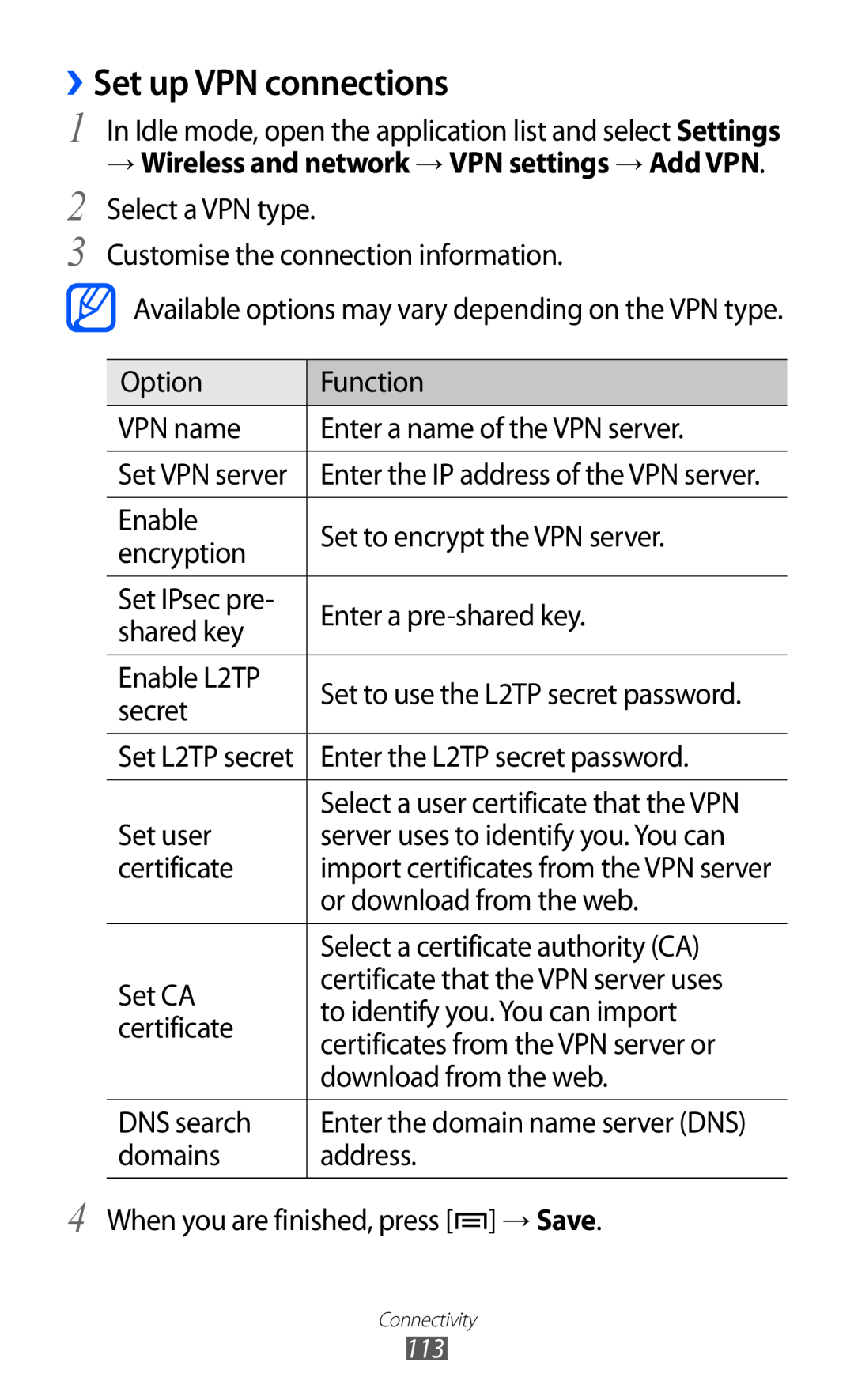 Samsung GT-I9070 user manual ››Set up VPN connections, → Wireless and network → VPN settings → Add VPN 