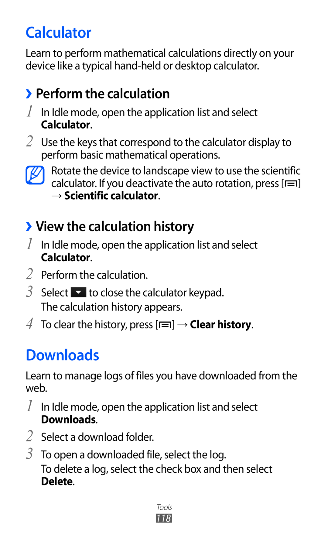 Samsung GT-I9070 Calculator, Downloads, ››Perform the calculation, ››View the calculation history, → Scientific calculator 