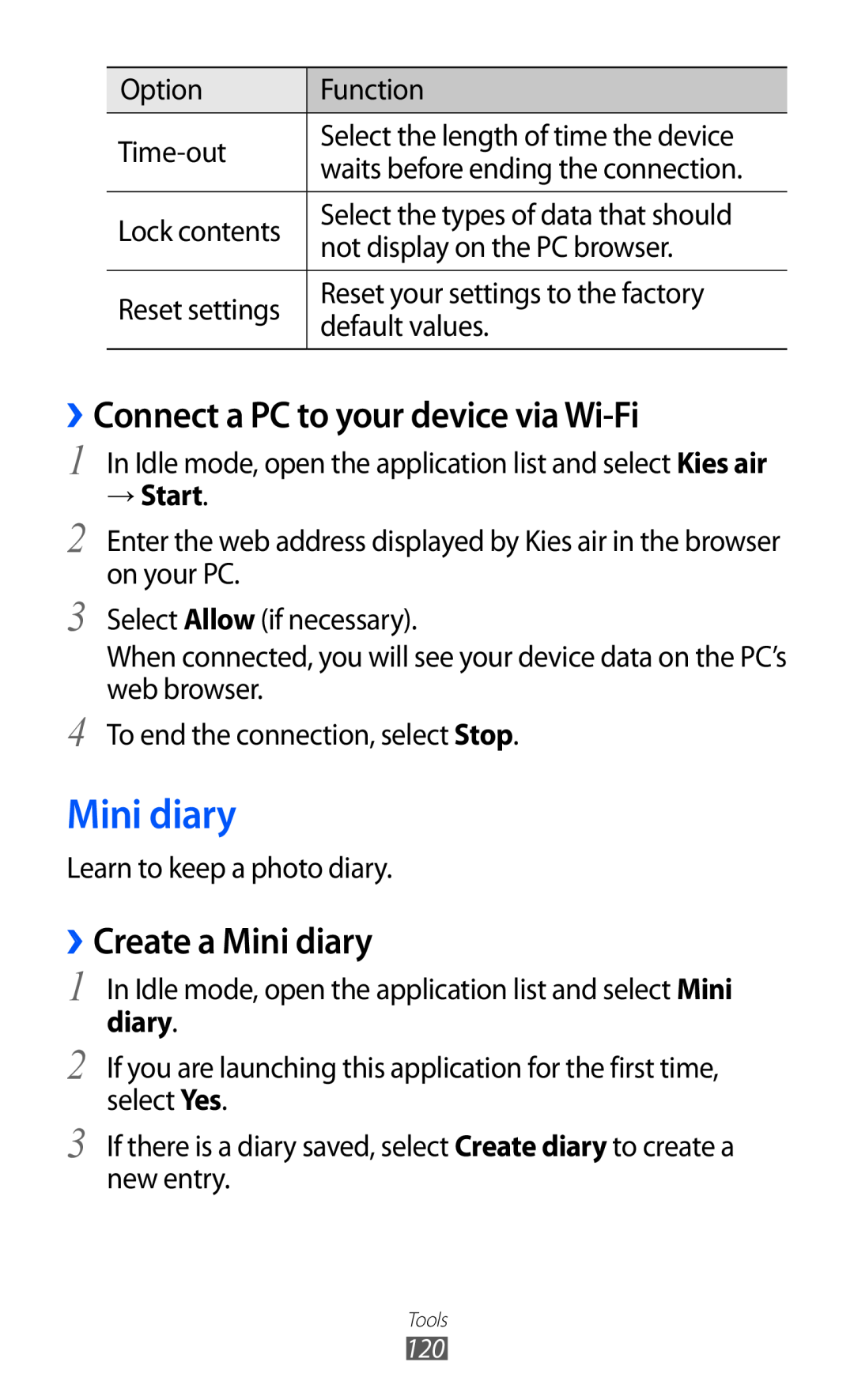 Samsung GT-I9070 user manual ››Connect a PC to your device via Wi-Fi, ››Create a Mini diary 