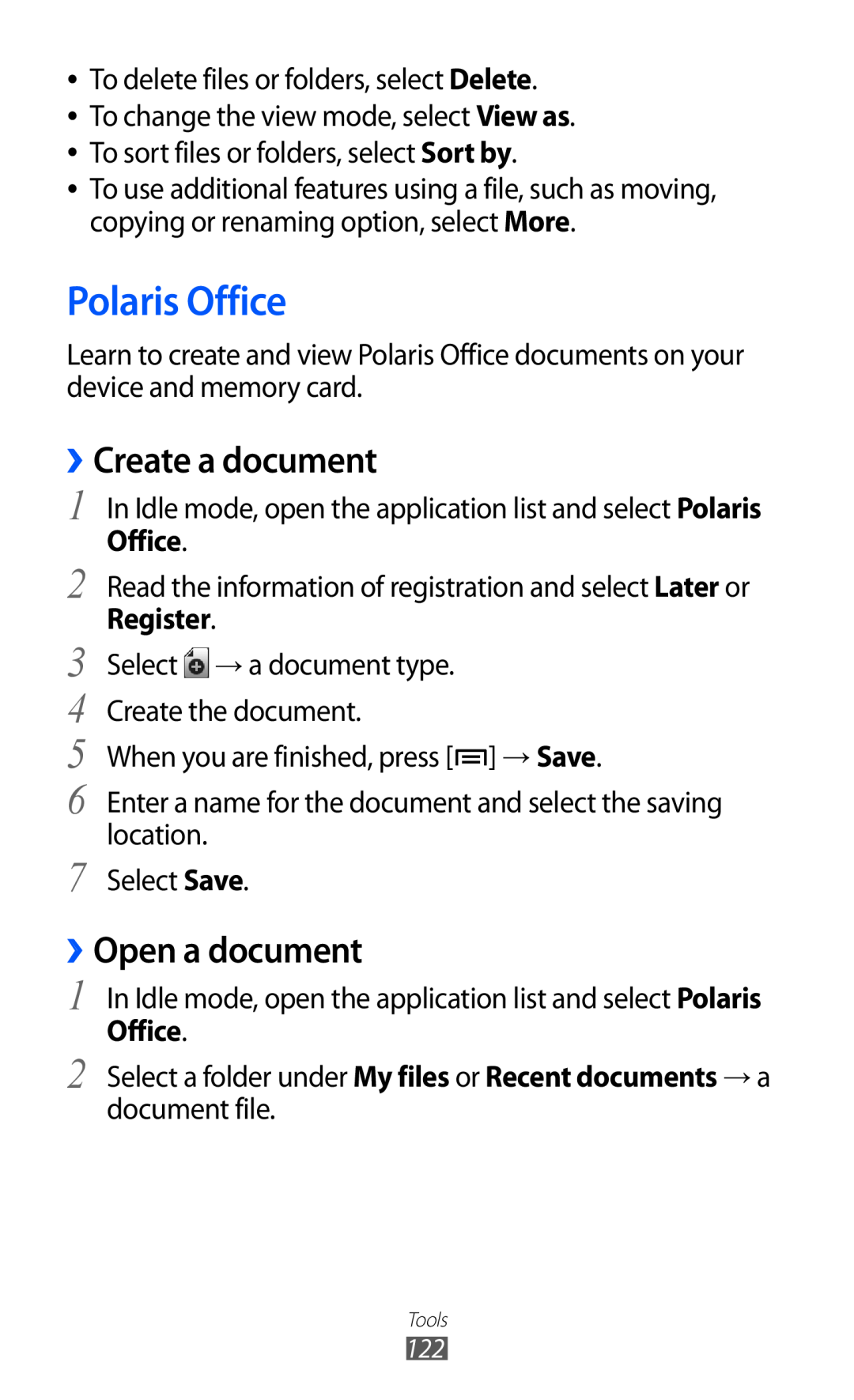 Samsung GT-I9070 user manual Polaris Office, ››Create a document, ››Open a document, Register 