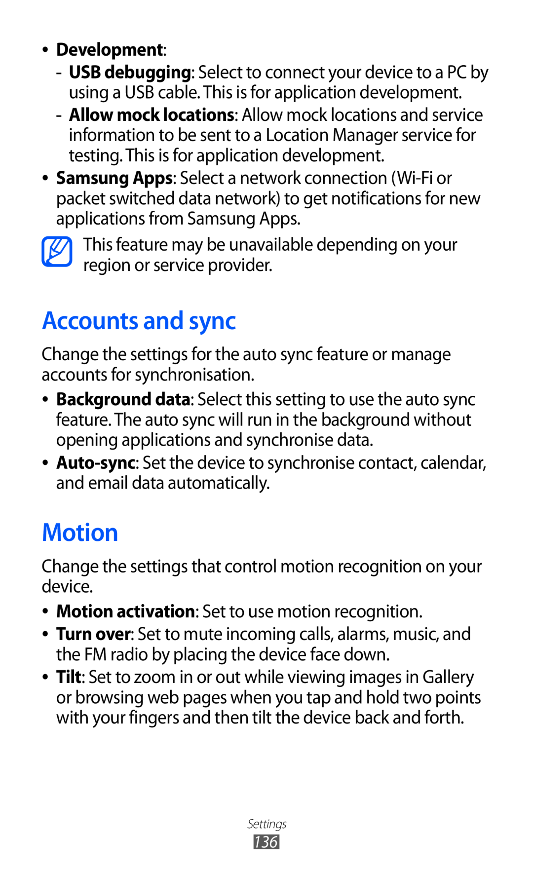 Samsung GT-I9070 user manual Accounts and sync, Motion, Development 
