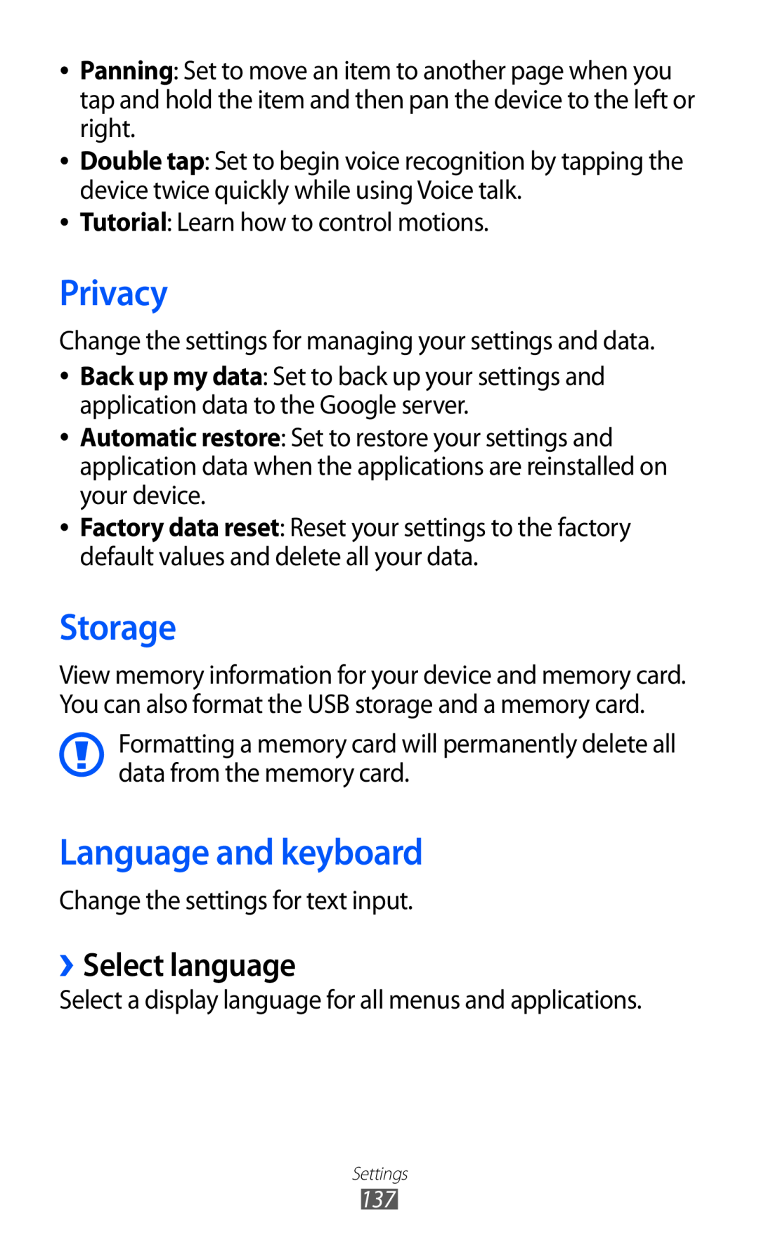 Samsung GT-I9070 user manual Privacy, Storage, Language and keyboard, ››Select language 
