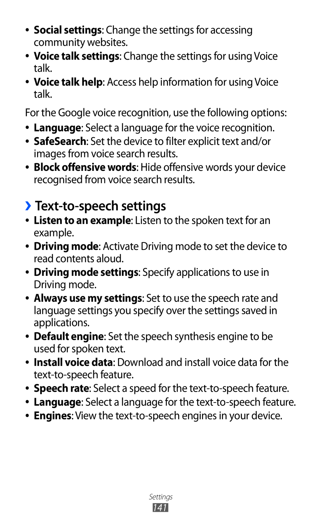 Samsung GT-I9070 user manual ››Text-to-speech settings, Speech rate Select a speed for the text-to-speech feature 