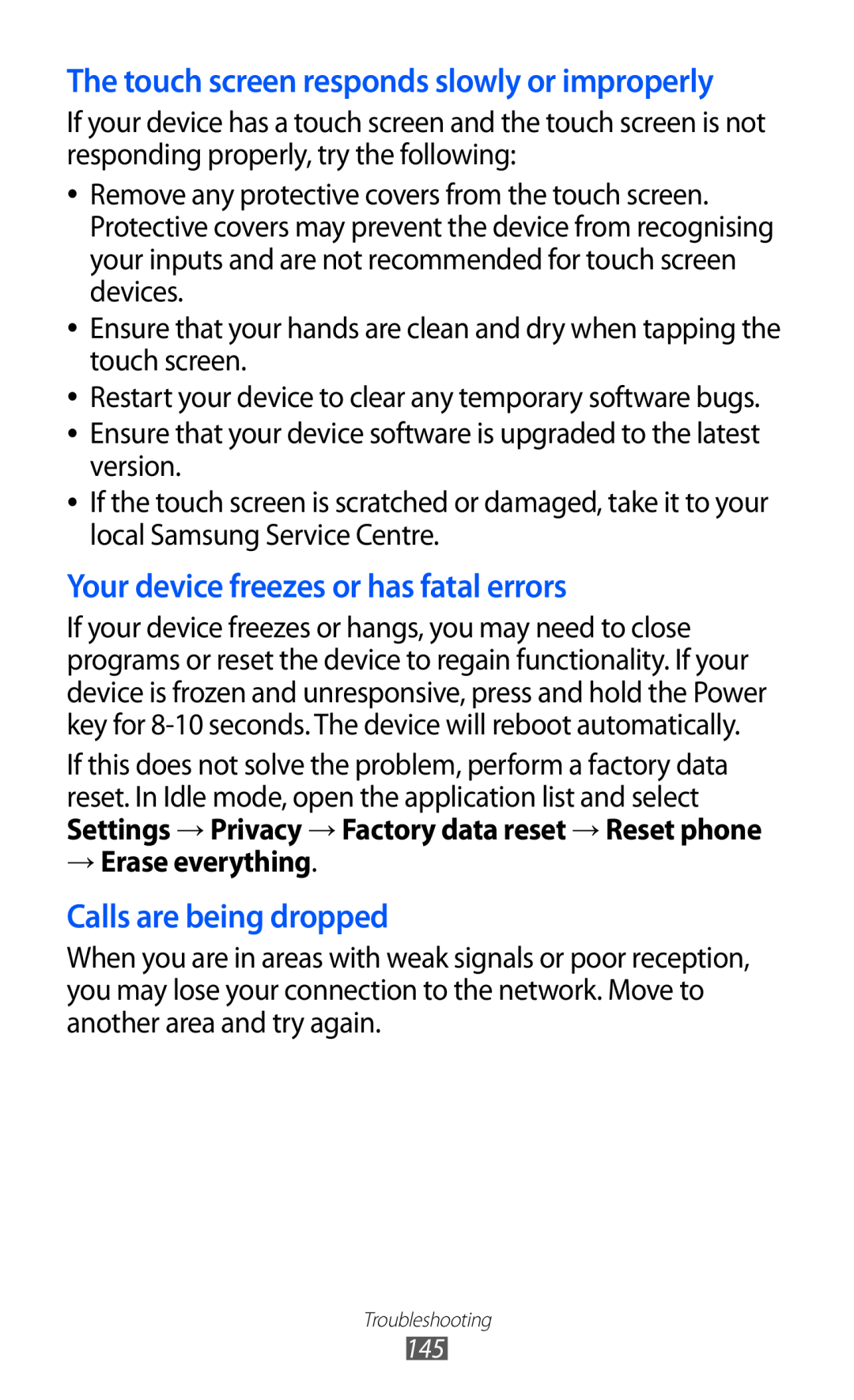 Samsung GT-I9070 user manual Your device freezes or has fatal errors, Calls are being dropped, → Erase everything 