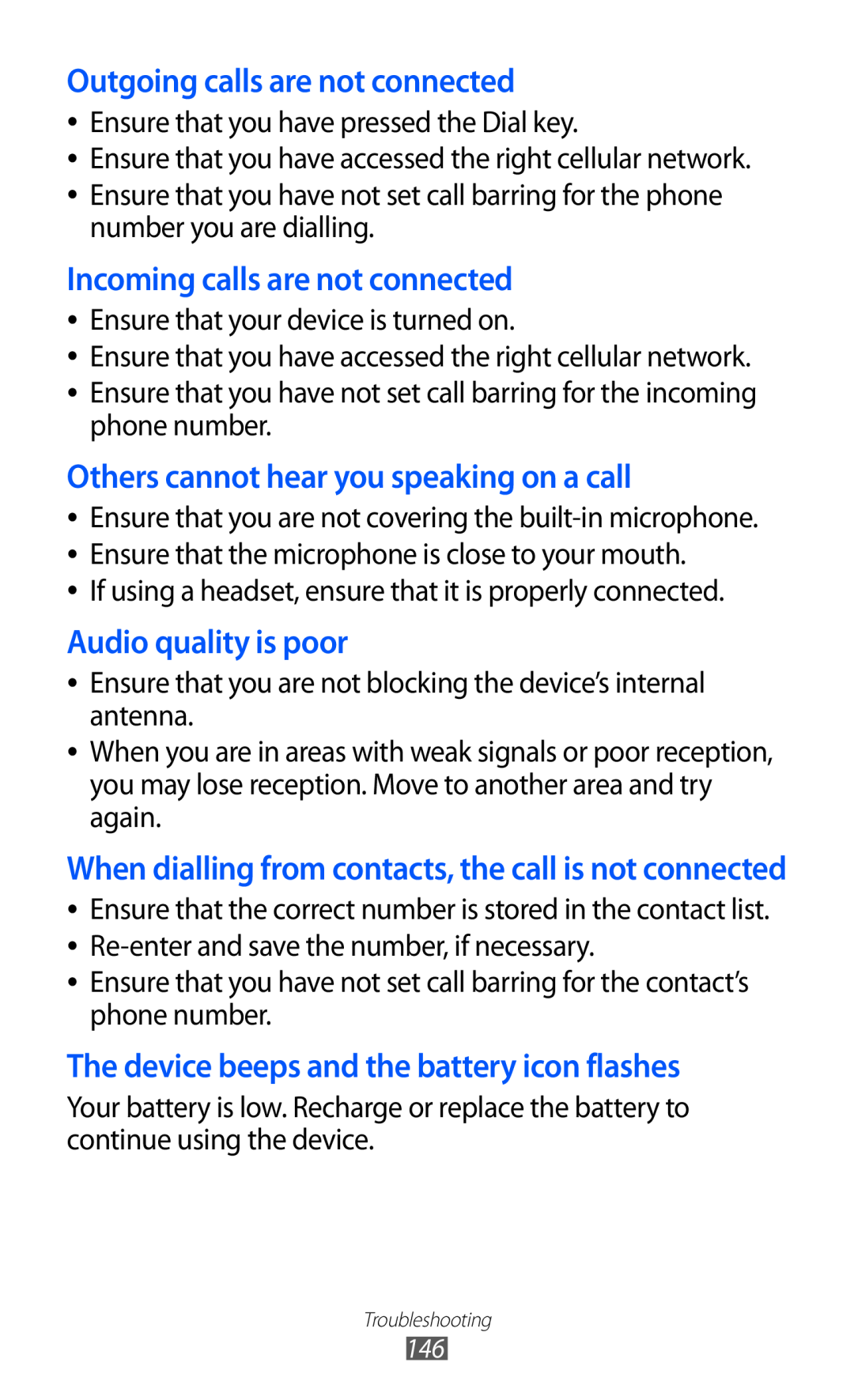 Samsung GT-I9070 user manual Outgoing calls are not connected, Incoming calls are not connected, Audio quality is poor 