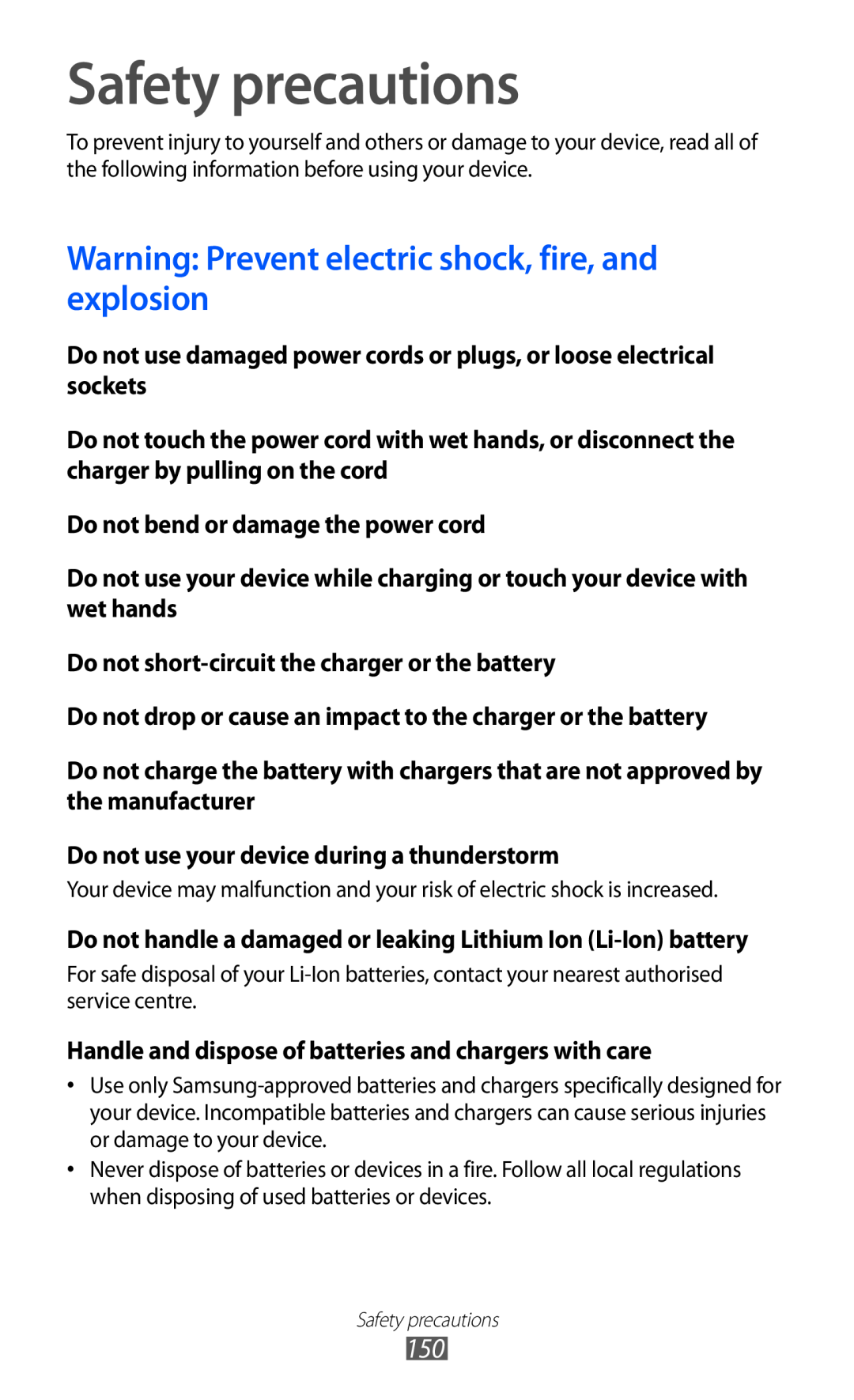 Samsung GT-I9070 user manual Safety precautions, Warning Prevent electric shock, fire, and explosion 