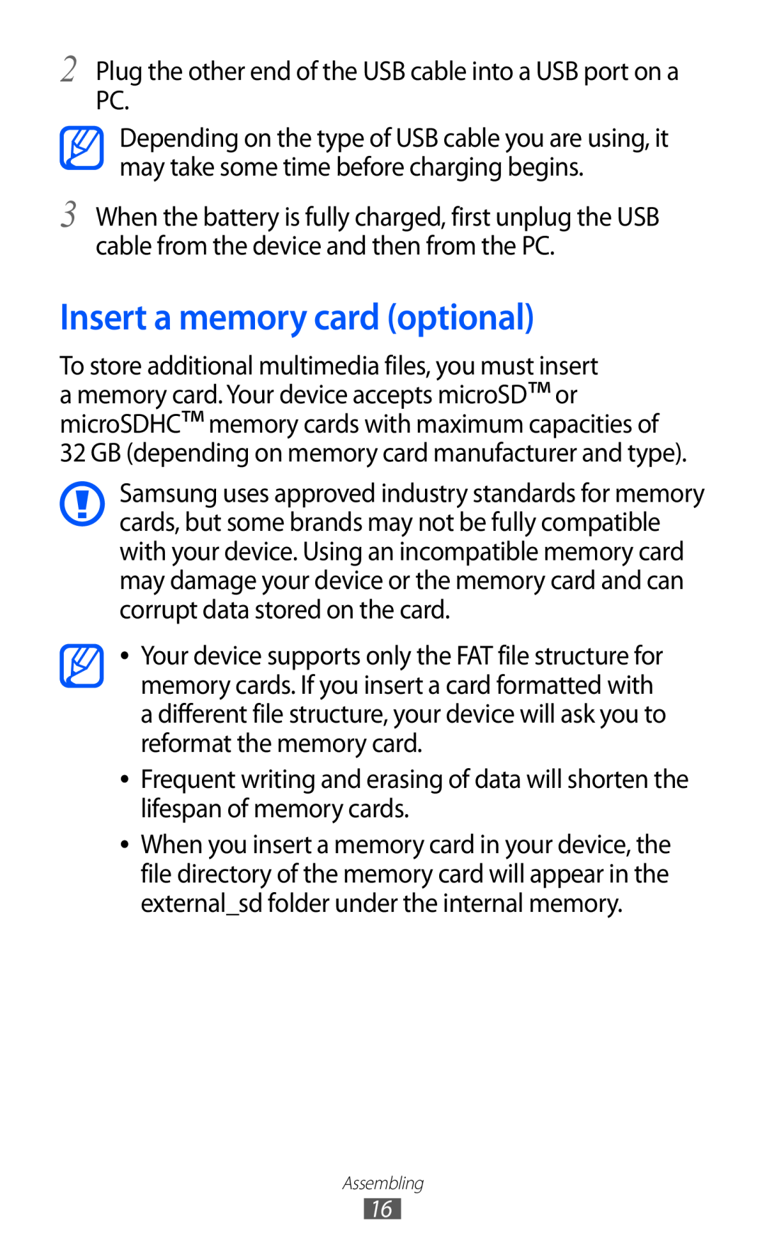 Samsung GT-I9070 user manual Insert a memory card optional, Plug the other end of the USB cable into a USB port on a PC 