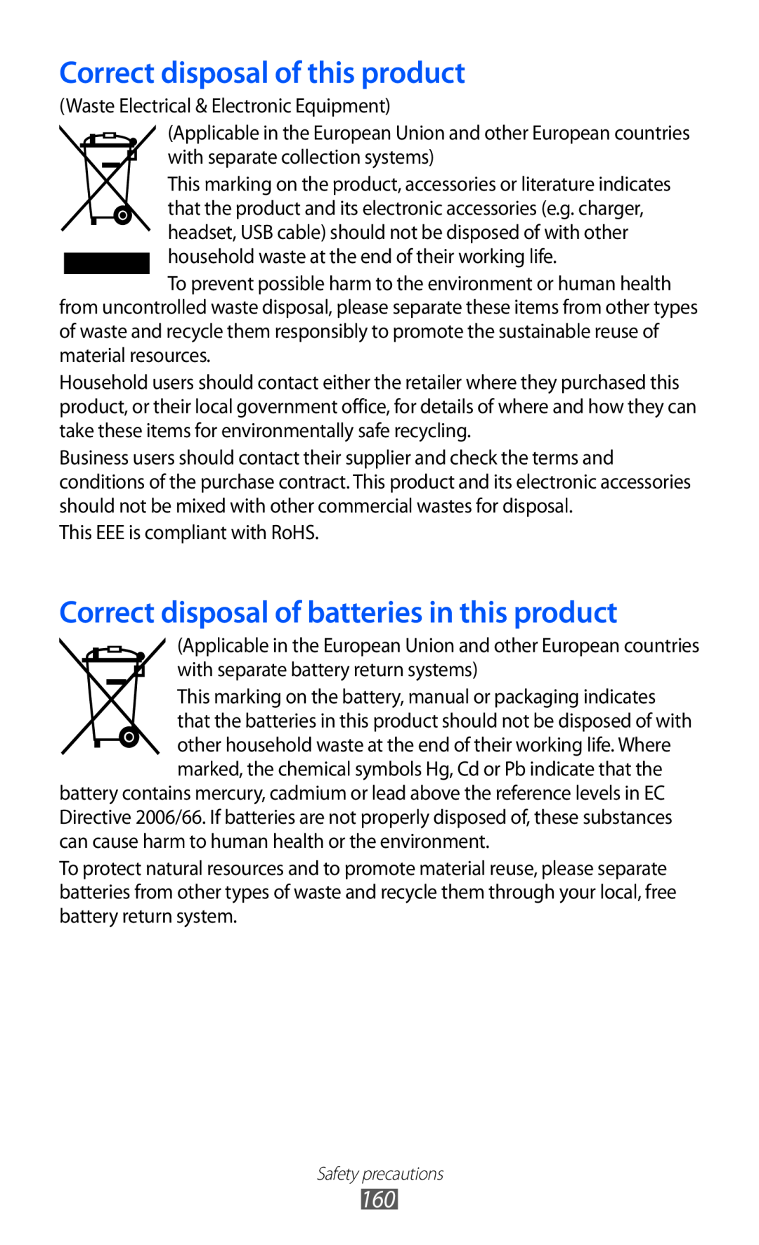 Samsung GT-I9070 user manual Correct disposal of this product, Correct disposal of batteries in this product 