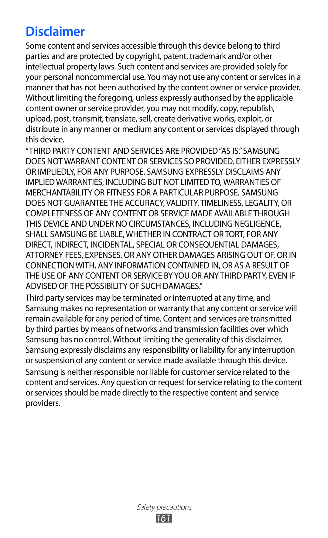 Samsung GT-I9070 user manual Disclaimer, Safety precautions 