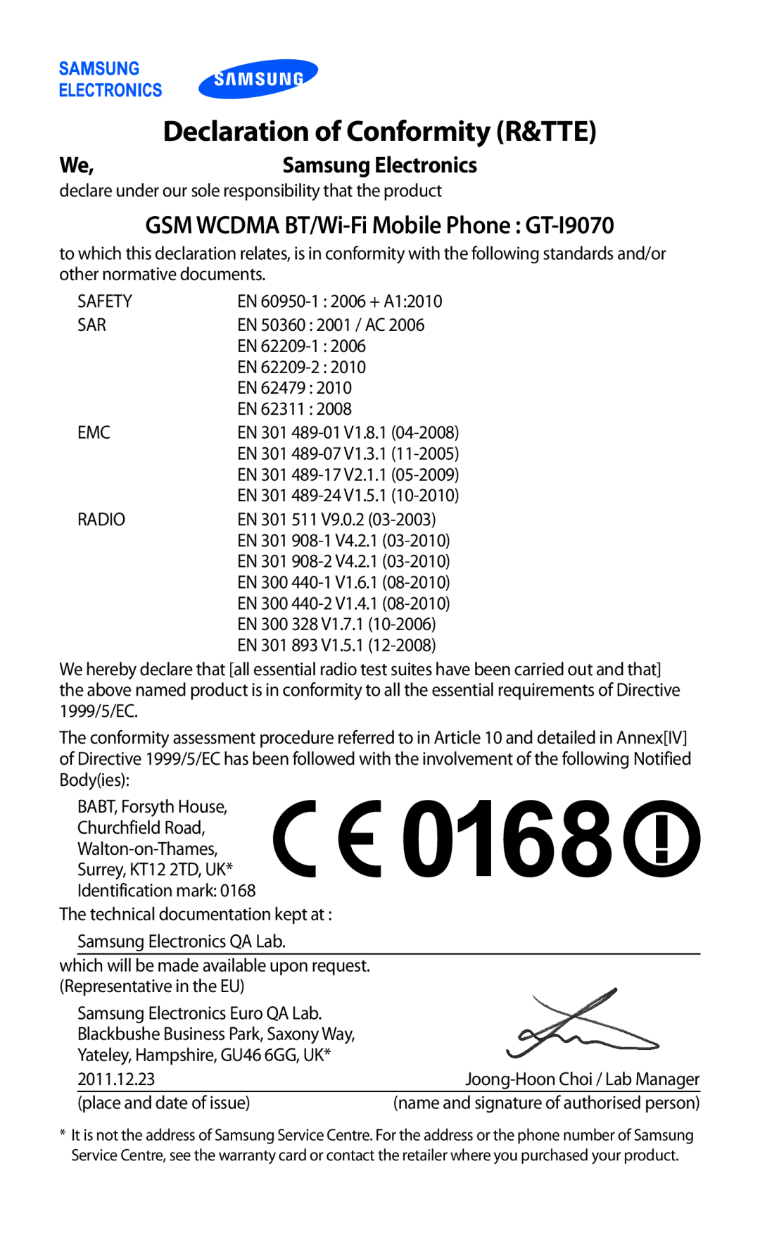 Samsung user manual Declaration of Conformity R&TTE, GSM WCDMA BT/Wi-Fi Mobile Phone GT-I9070 