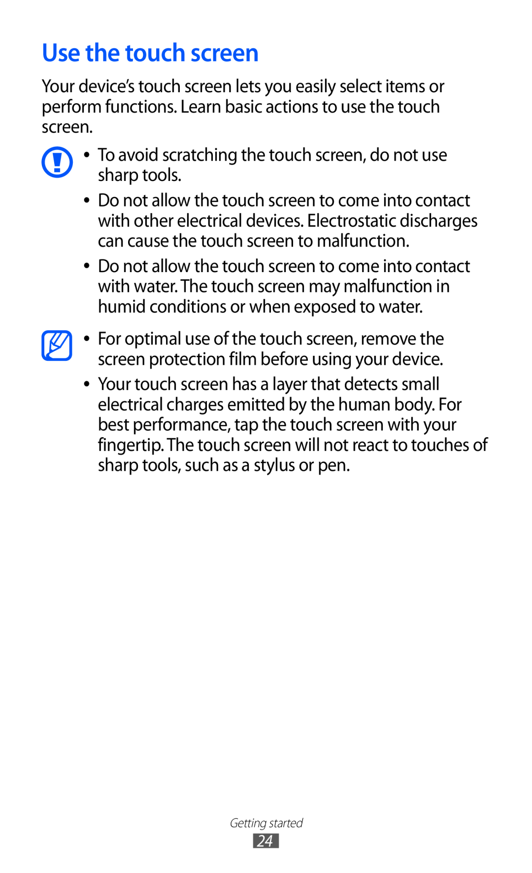 Samsung GT-I9070 user manual Use the touch screen 