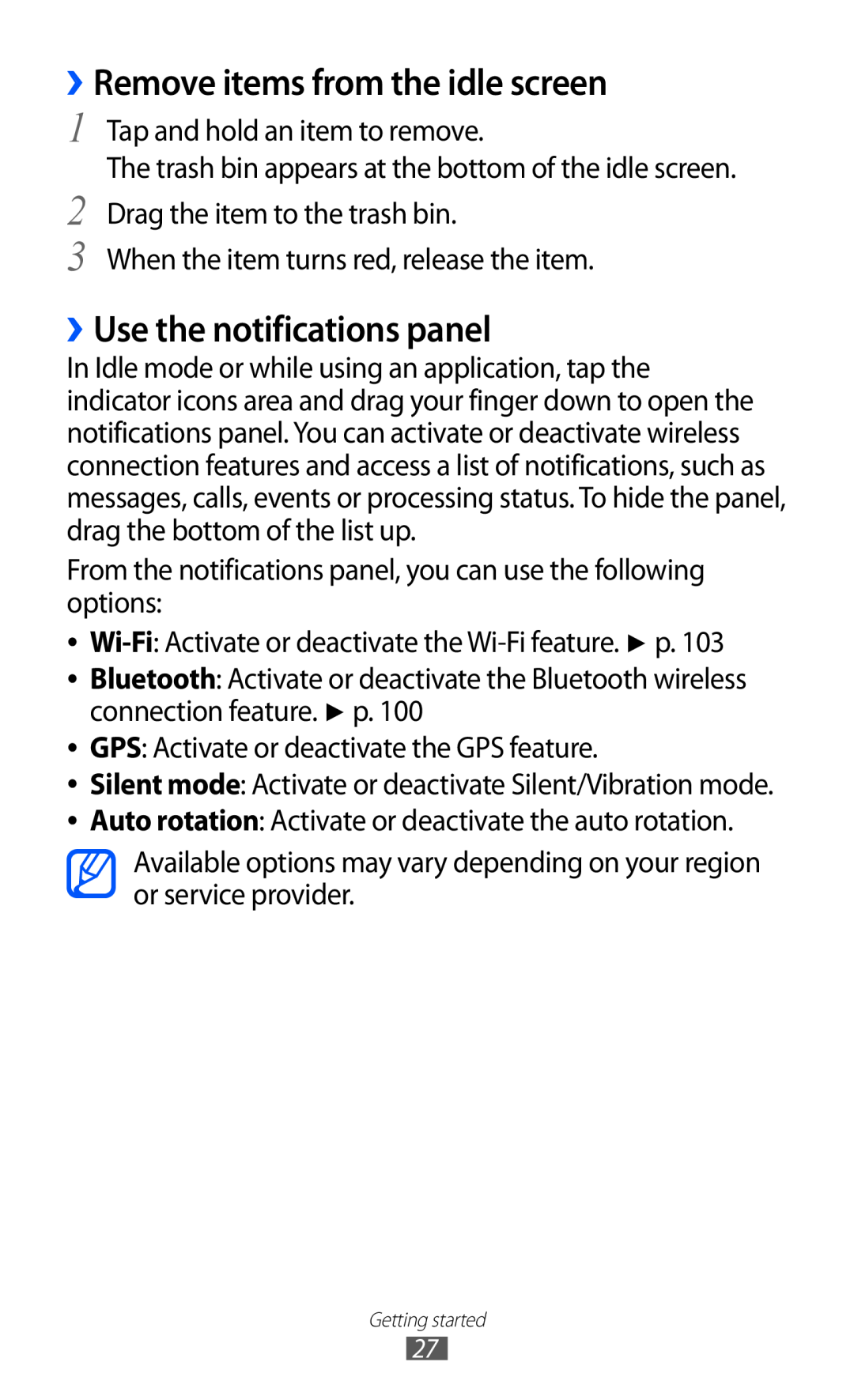 Samsung GT-I9070 user manual ››Remove items from the idle screen, ››Use the notifications panel 