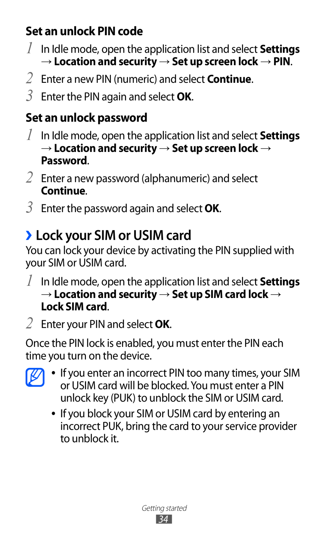 Samsung GT-I9070 user manual ››Lock your SIM or USIM card, Set an unlock PIN code, Set an unlock password 