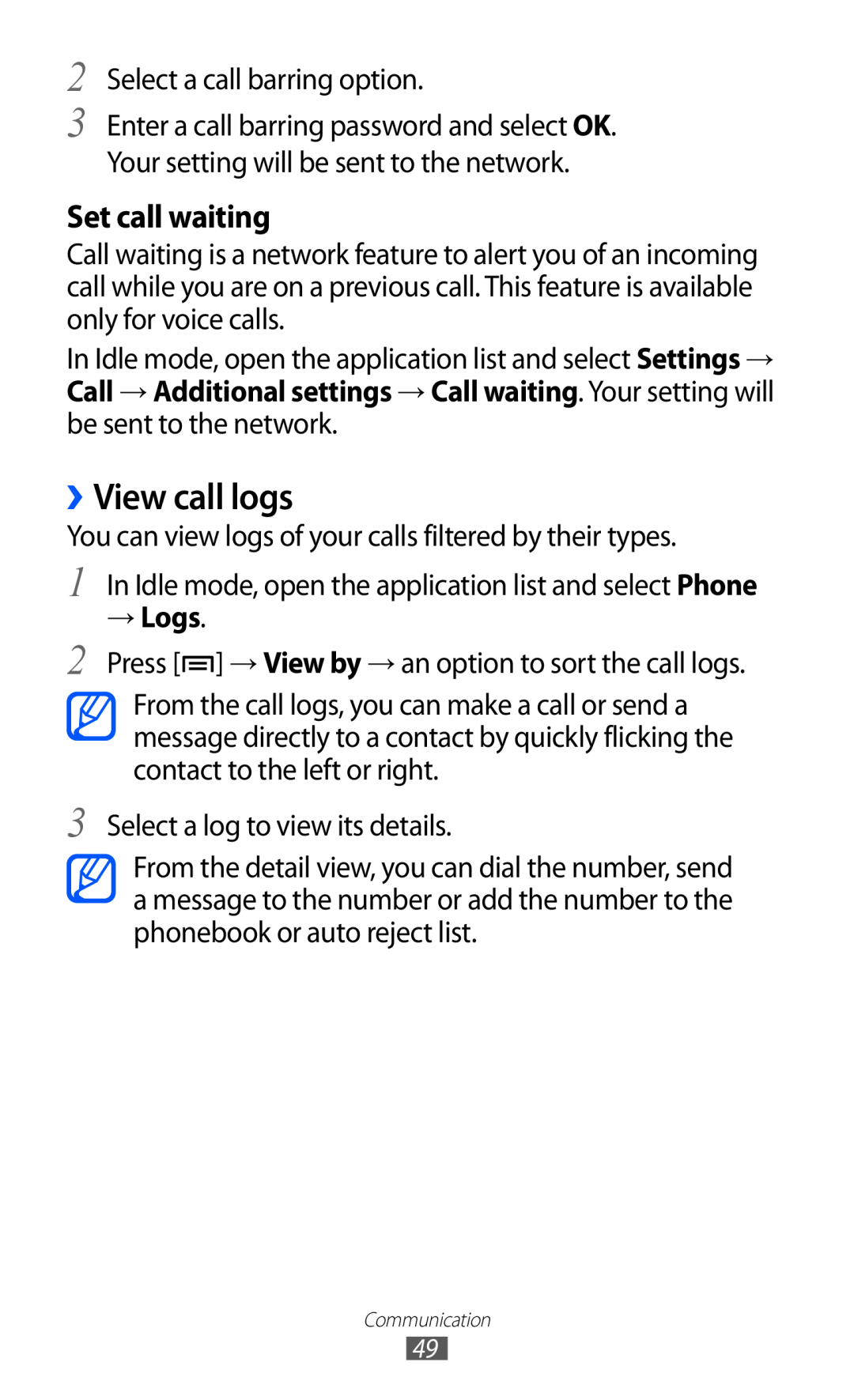 Samsung GT-I9070 user manual ››View call logs, Set call waiting, → Logs 