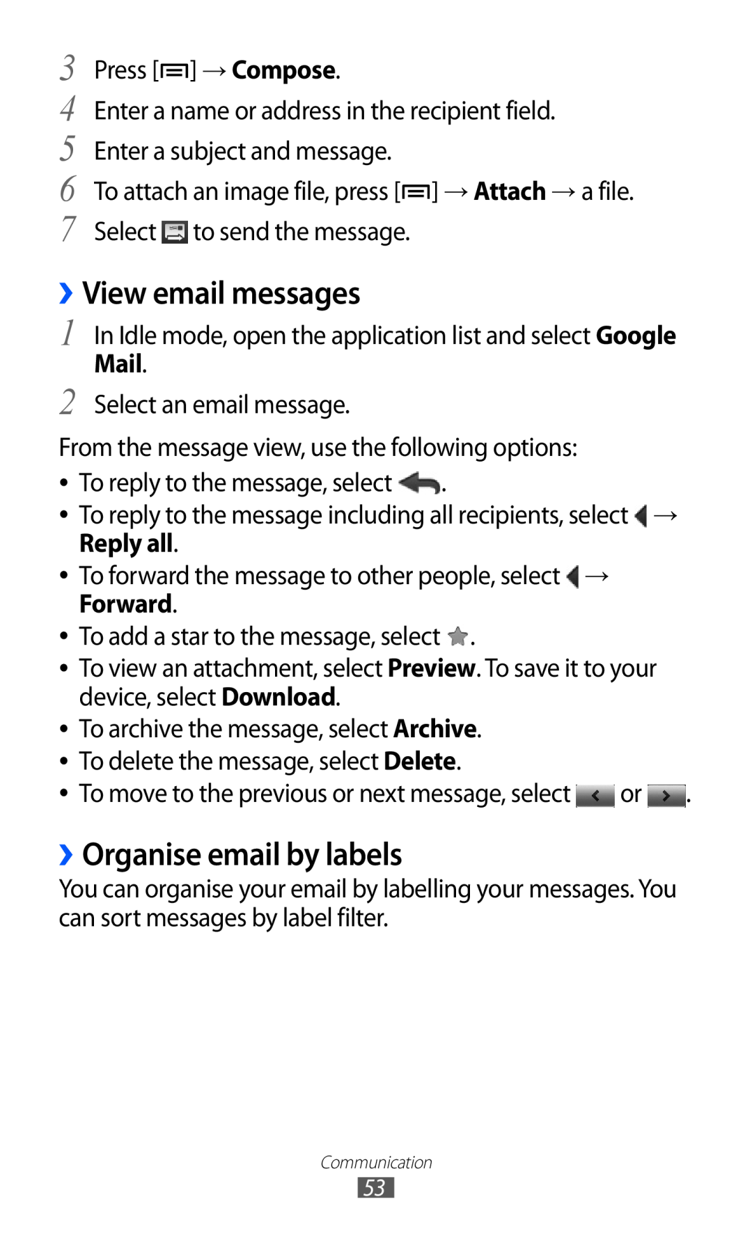Samsung GT-I9070 user manual ››View email messages, ››Organise email by labels, Mail, Forward 