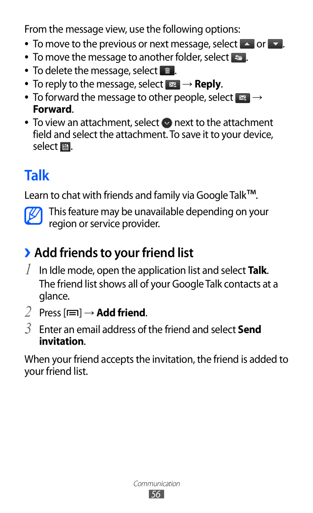 Samsung GT-I9070 user manual Talk, ››Add friends to your friend list, → Reply, Forward 
