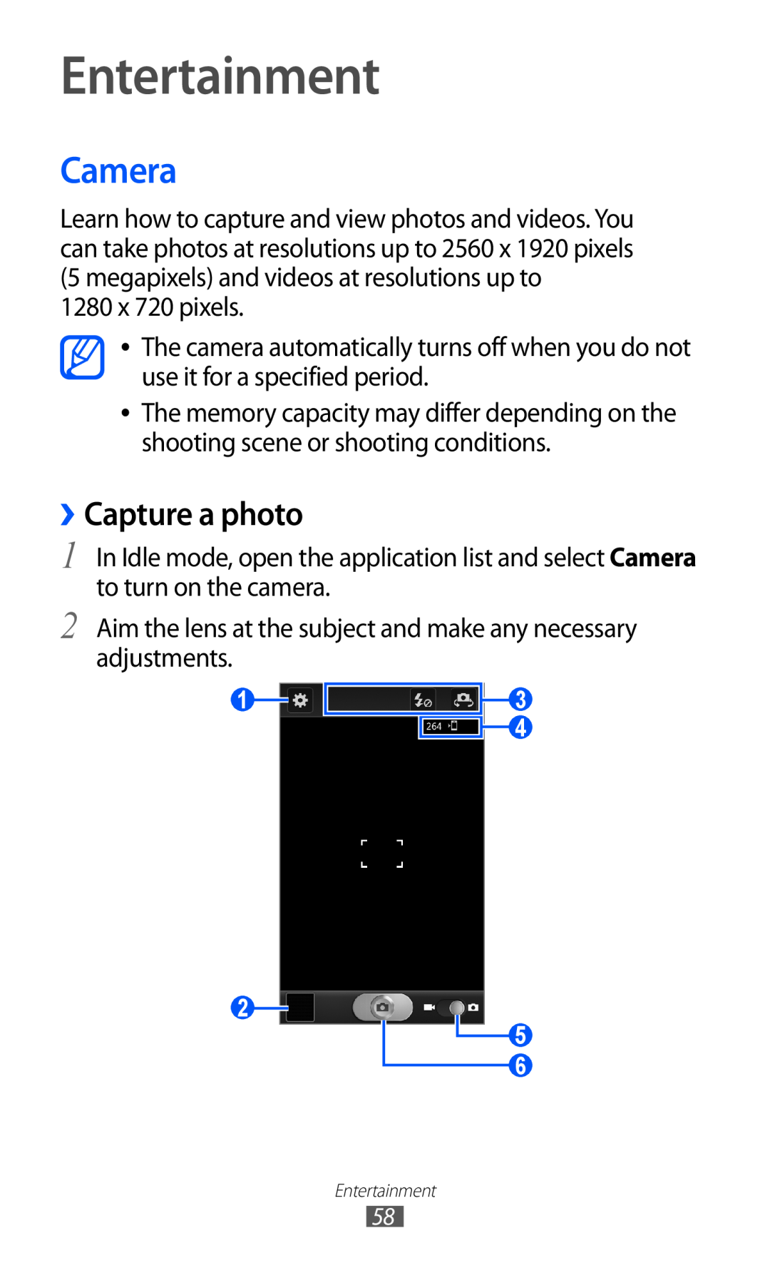 Samsung GT-I9070 user manual Entertainment, Camera, ››Capture a photo 