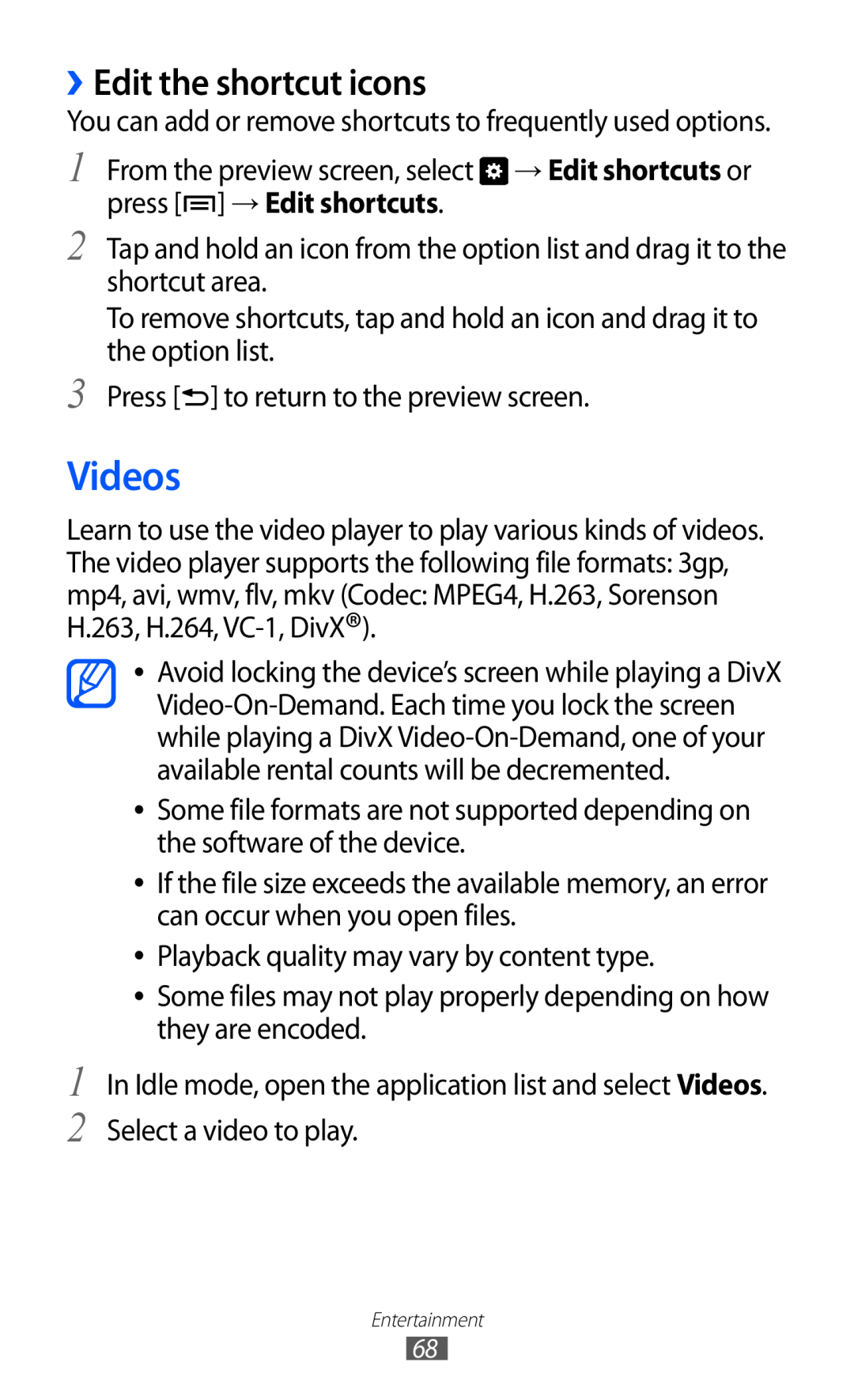 Samsung GT-I9070 user manual Videos, ››Edit the shortcut icons 