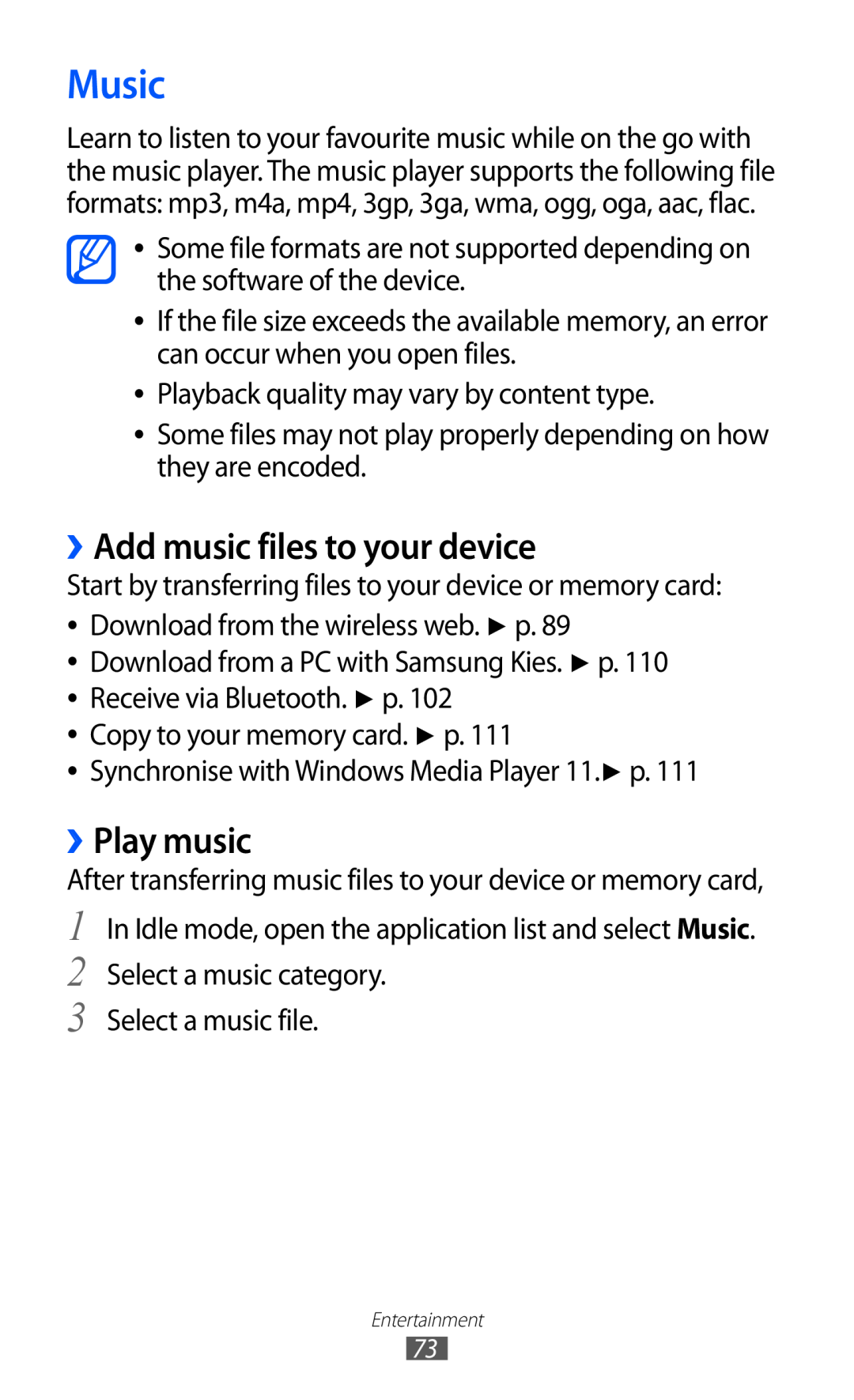 Samsung GT-I9070 user manual Music, ››Add music files to your device, ››Play music 