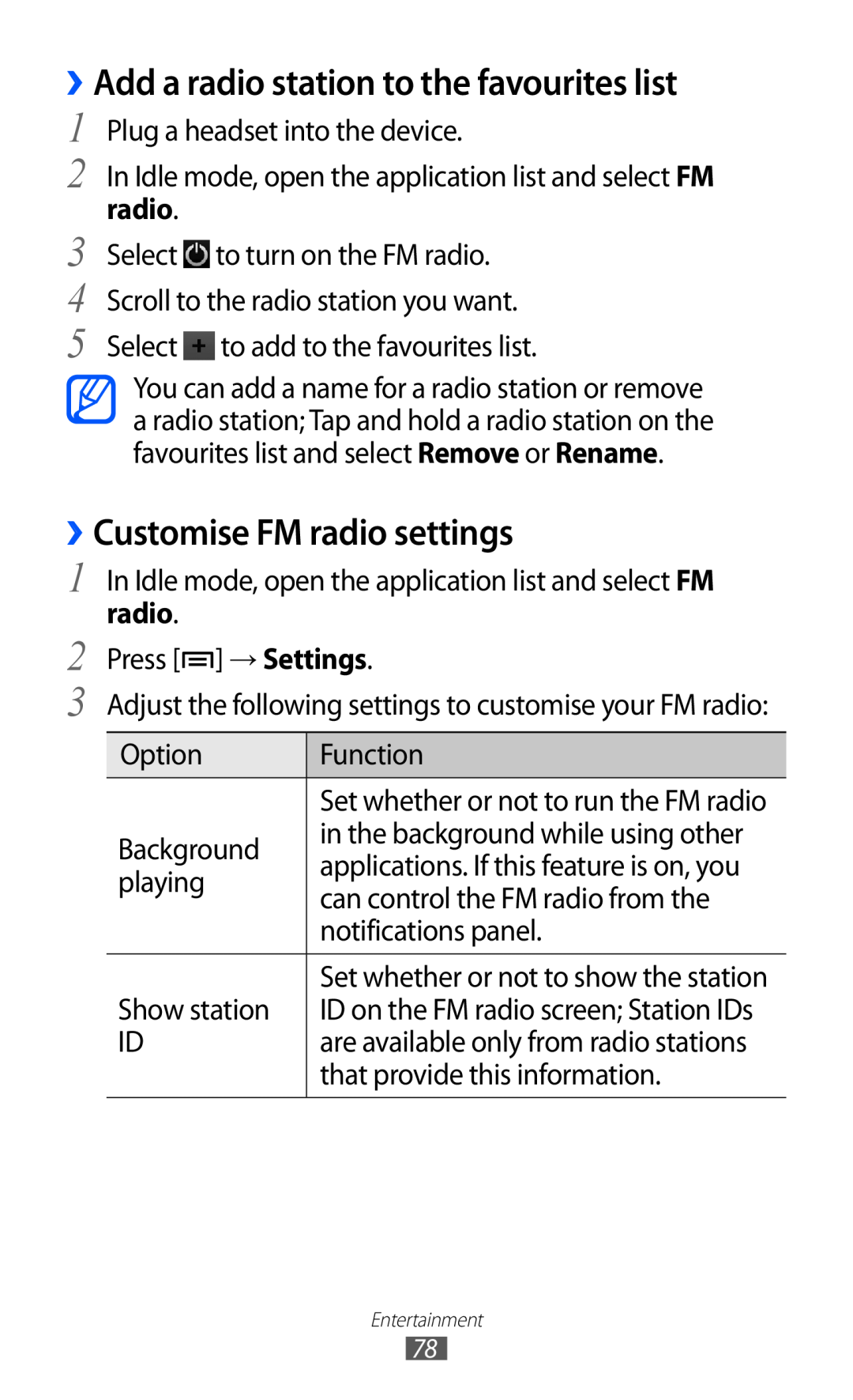 Samsung GT-I9070 user manual ››Add a radio station to the favourites list, ››Customise FM radio settings 
