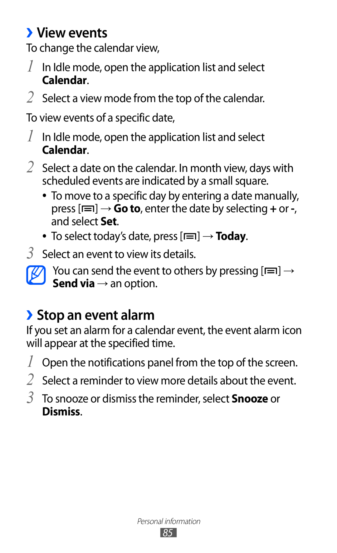 Samsung GT-I9070 user manual ››View events, ››Stop an event alarm, Dismiss 