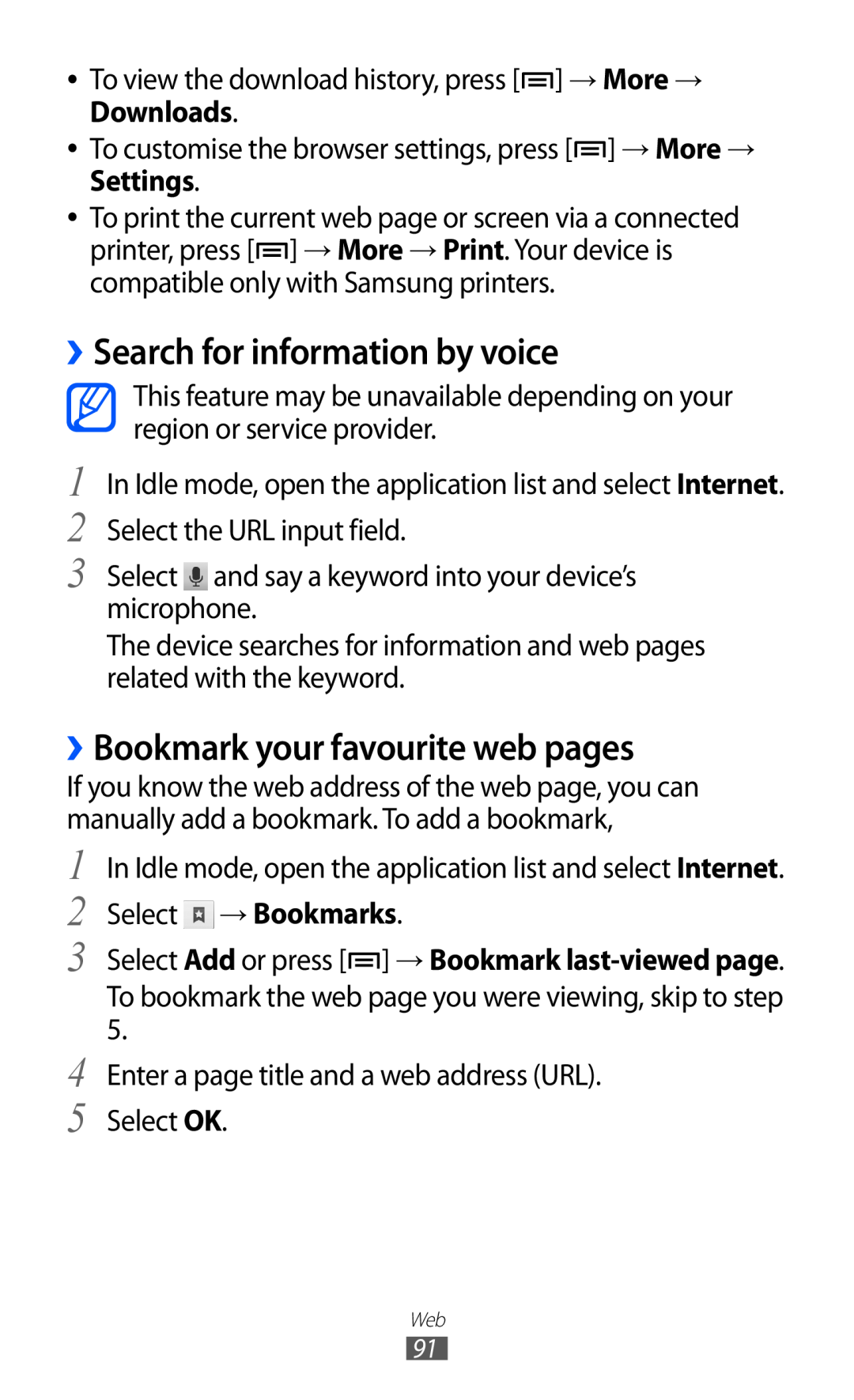 Samsung GT-I9070 user manual ››Search for information by voice, ››Bookmark your favourite web pages, Select → Bookmarks 