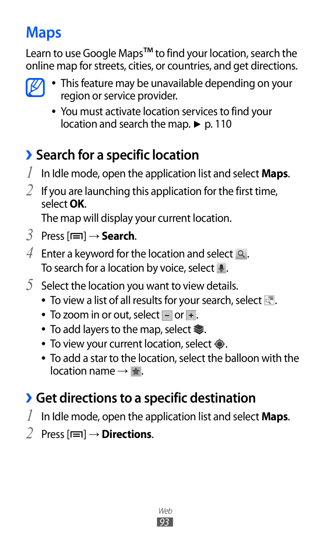 Samsung GT-I9070 user manual Maps, ››Search for a specific location, ››Get directions to a specific destination 
