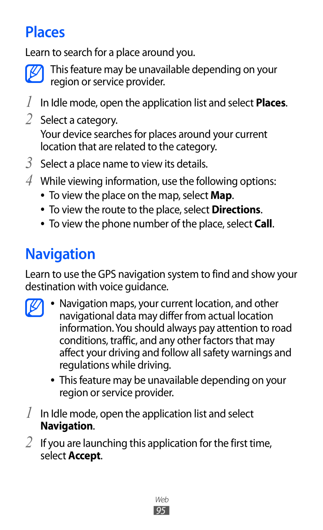 Samsung GT-I9070 user manual Places, Navigation 