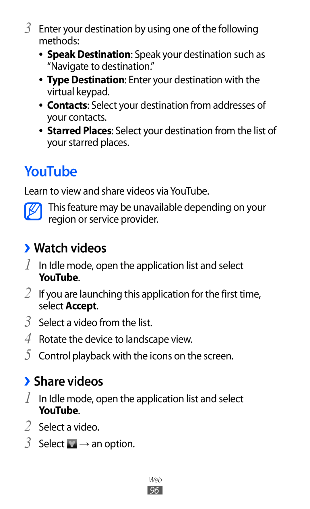 Samsung GT-I9070 user manual YouTube, ››Watch videos, ››Share videos 