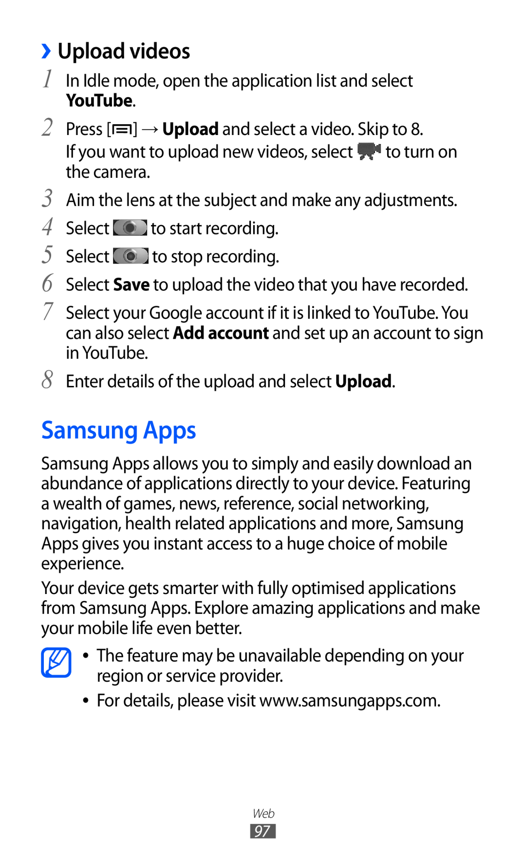 Samsung GT-I9070 user manual Samsung Apps, ››Upload videos, YouTube 