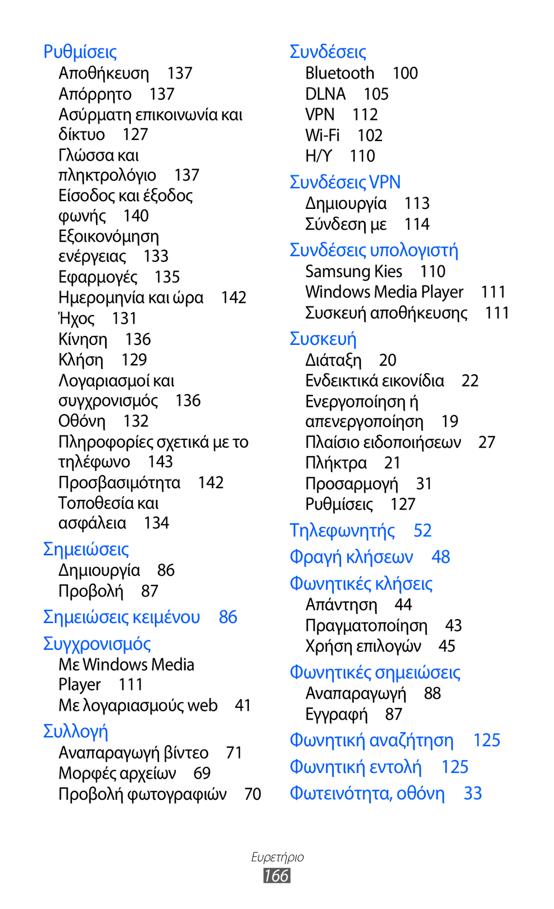 Samsung GT-I9070HKACYO, GT-I9070HKAEUR, GT-I9070RWAEUR manual 166, 112, Συνδέσεις υπολογιστή Samsung Kies  