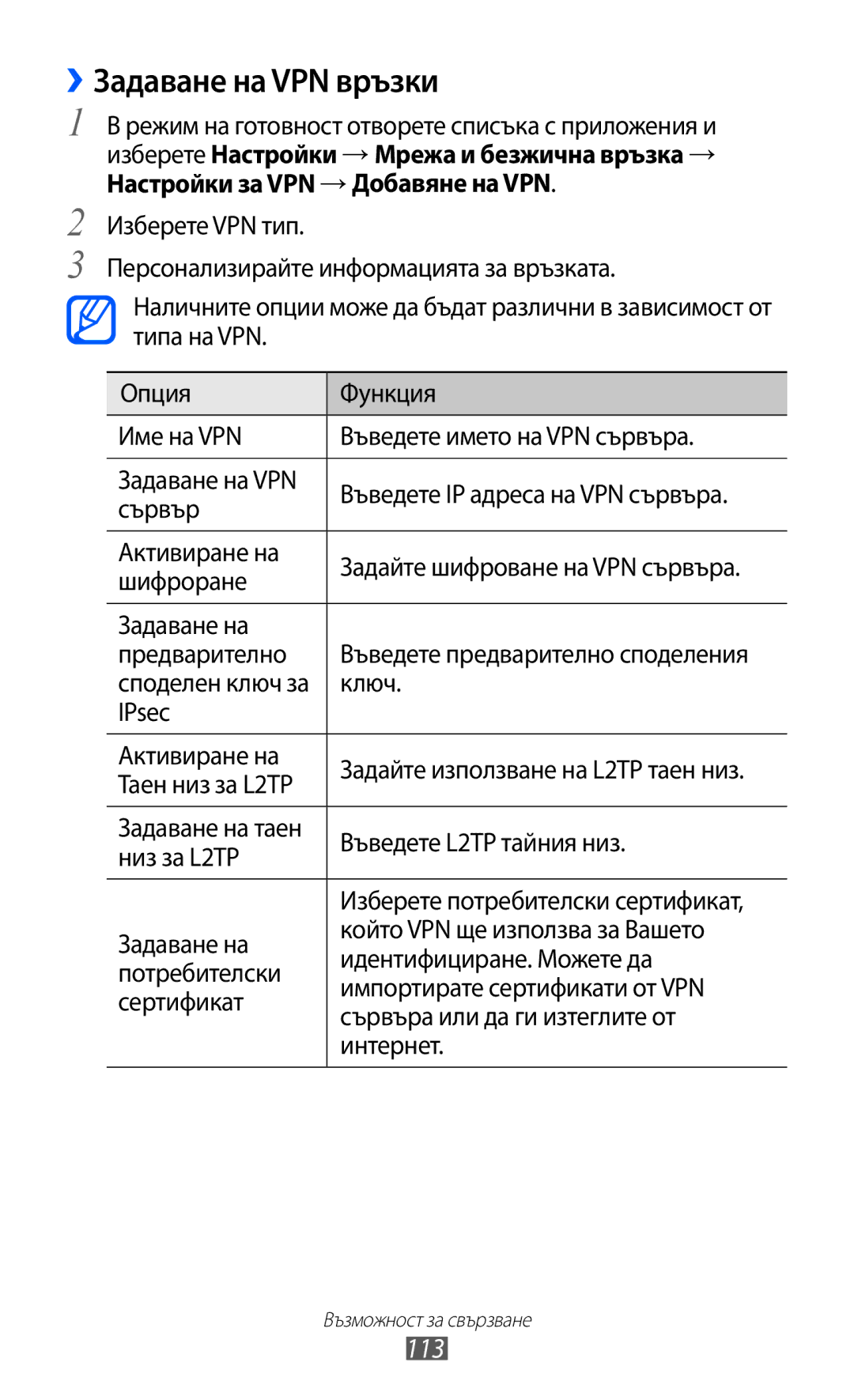 Samsung GT-I9070RWAGBL, GT-I9070HKAMTL, GT-I9070HKAGBL, GT-I9070MSABGL, GT-I9070MSAMTL manual ››Задаване на VPN връзки, 113 