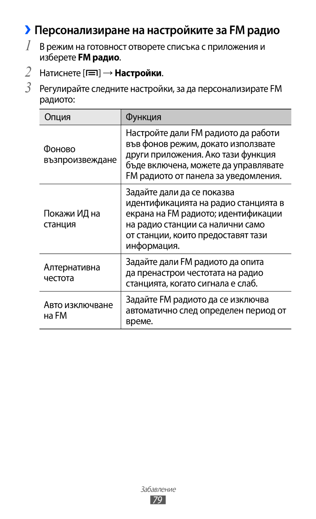 Samsung GT2I9070RWAGBL Фоново, Други приложения. Ако тази функция, Задайте дали да се показва, Покажи ИД на, На FM, Време 