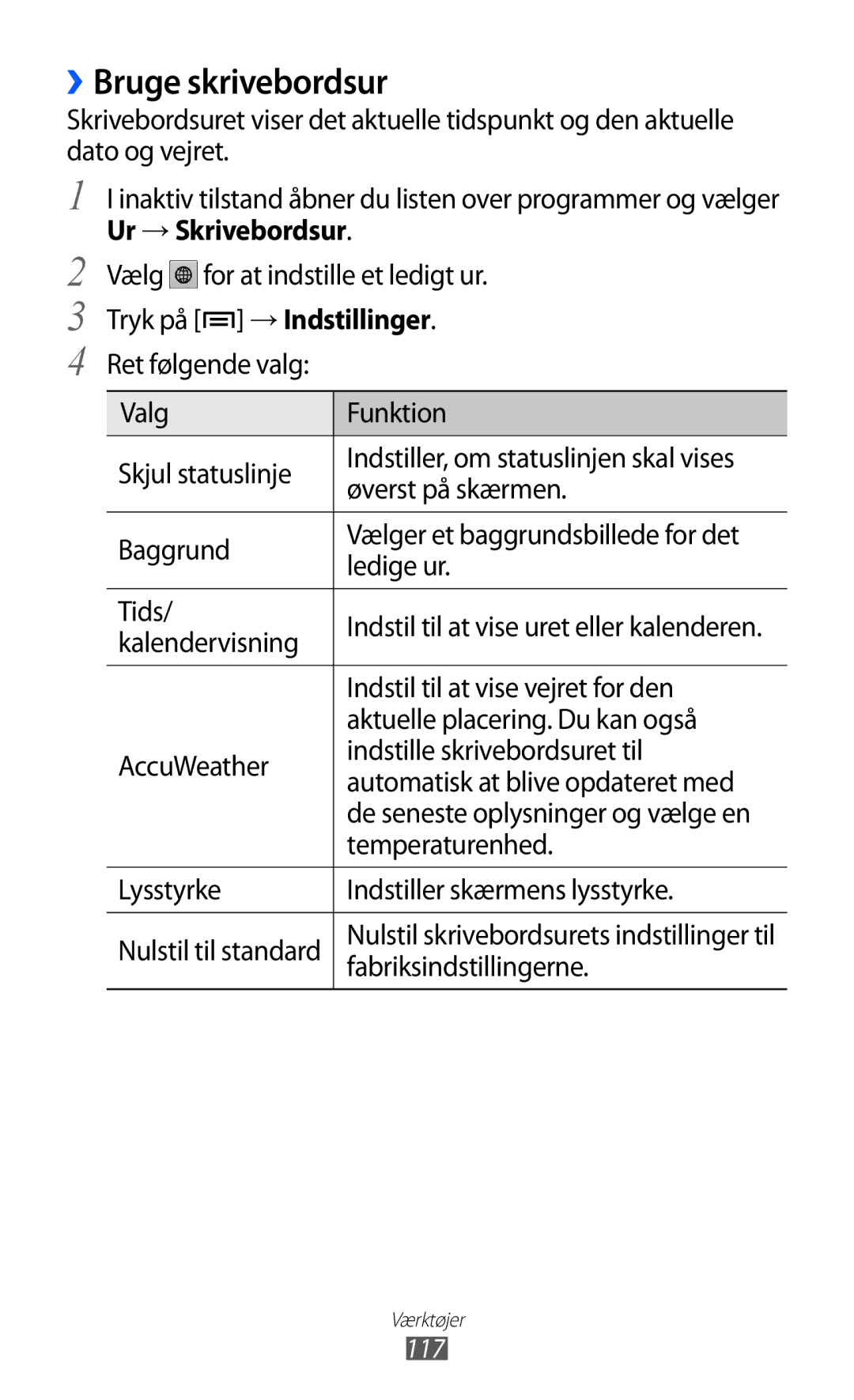 Samsung GT-I9070HKANEE, GT-I9070MSANEE, GT-I9070RWANEE manual ››Bruge skrivebordsur, → Indstillinger 