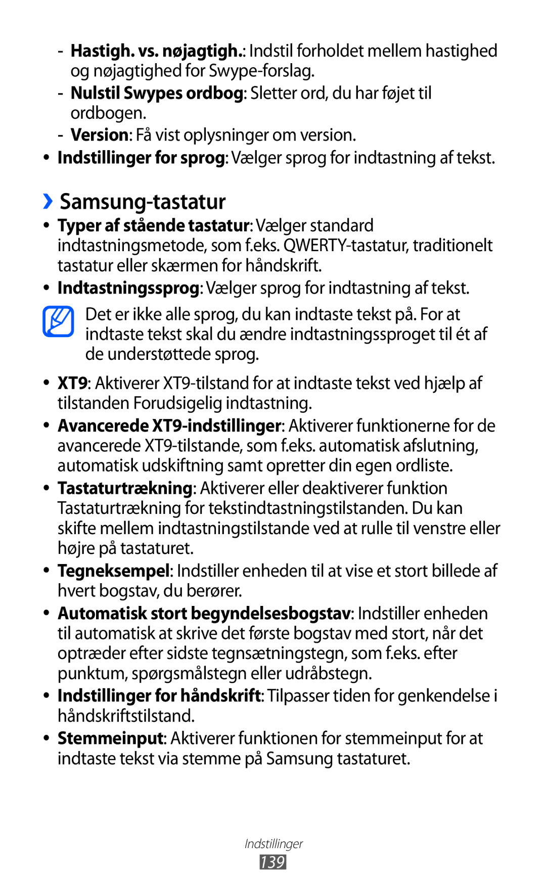 Samsung GT-I9070MSANEE, GT-I9070HKANEE manual ››Samsung-tastatur, Indtastningssprog Vælger sprog for indtastning af tekst 