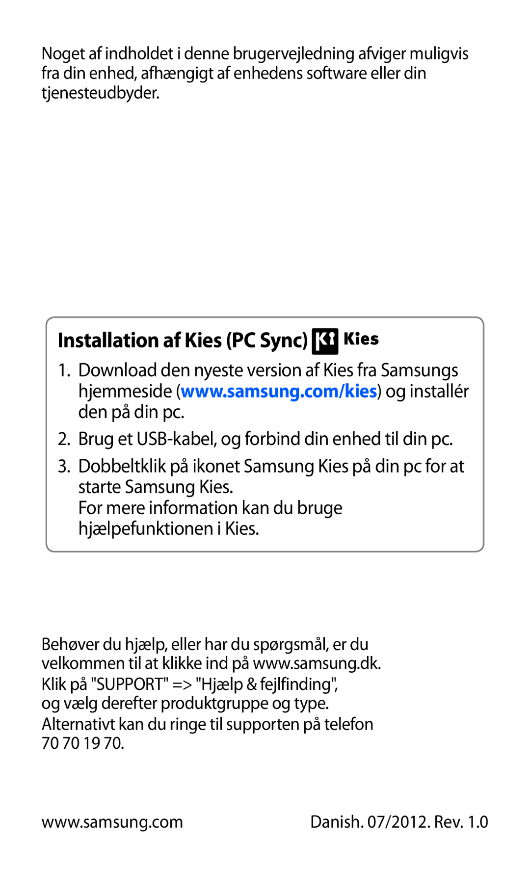 Samsung GT-I9070MSANEE, GT-I9070HKANEE, GT-I9070RWANEE manual Installation af Kies PC Sync 