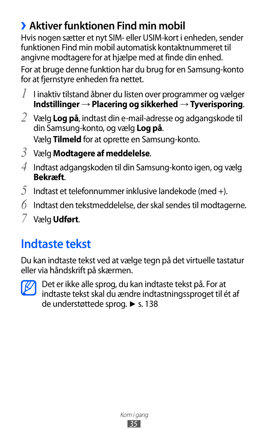 Samsung GT-I9070RWANEE Indtaste tekst, ››Aktiver funktionen Find min mobil, Vælg Tilmeld for at oprette en Samsung-konto 