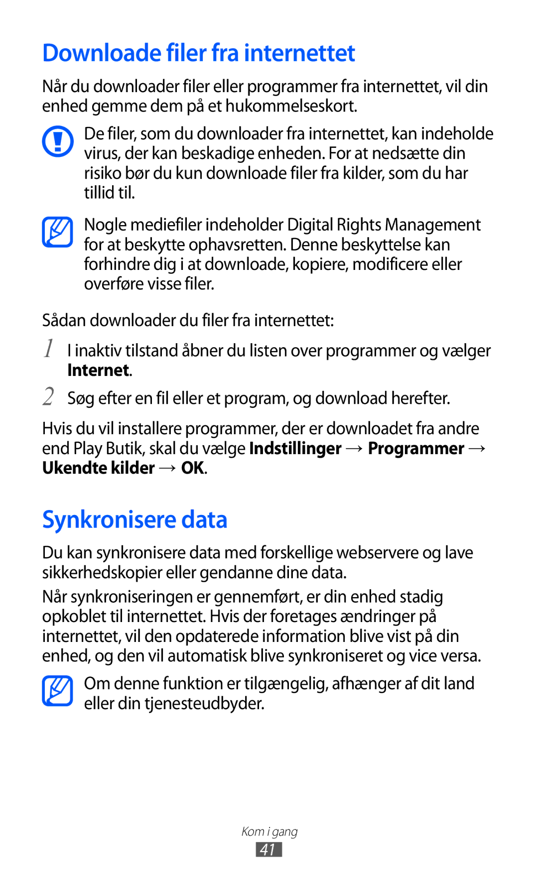 Samsung GT-I9070RWANEE, GT-I9070HKANEE manual Downloade filer fra internettet, Synkronisere data, Ukendte kilder → OK 