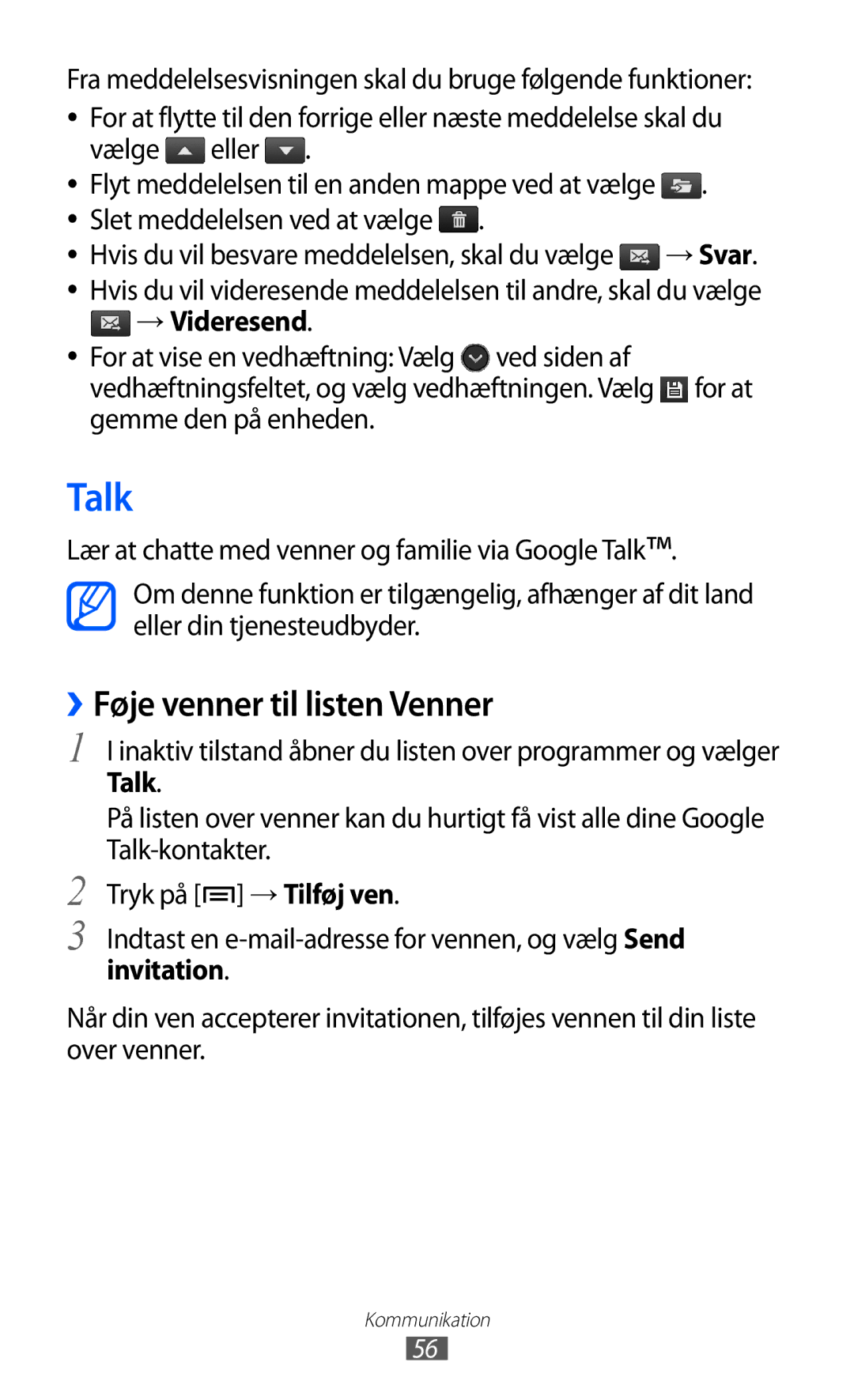 Samsung GT-I9070RWANEE, GT-I9070HKANEE, GT-I9070MSANEE manual Talk, ››Føje venner til listen Venner 