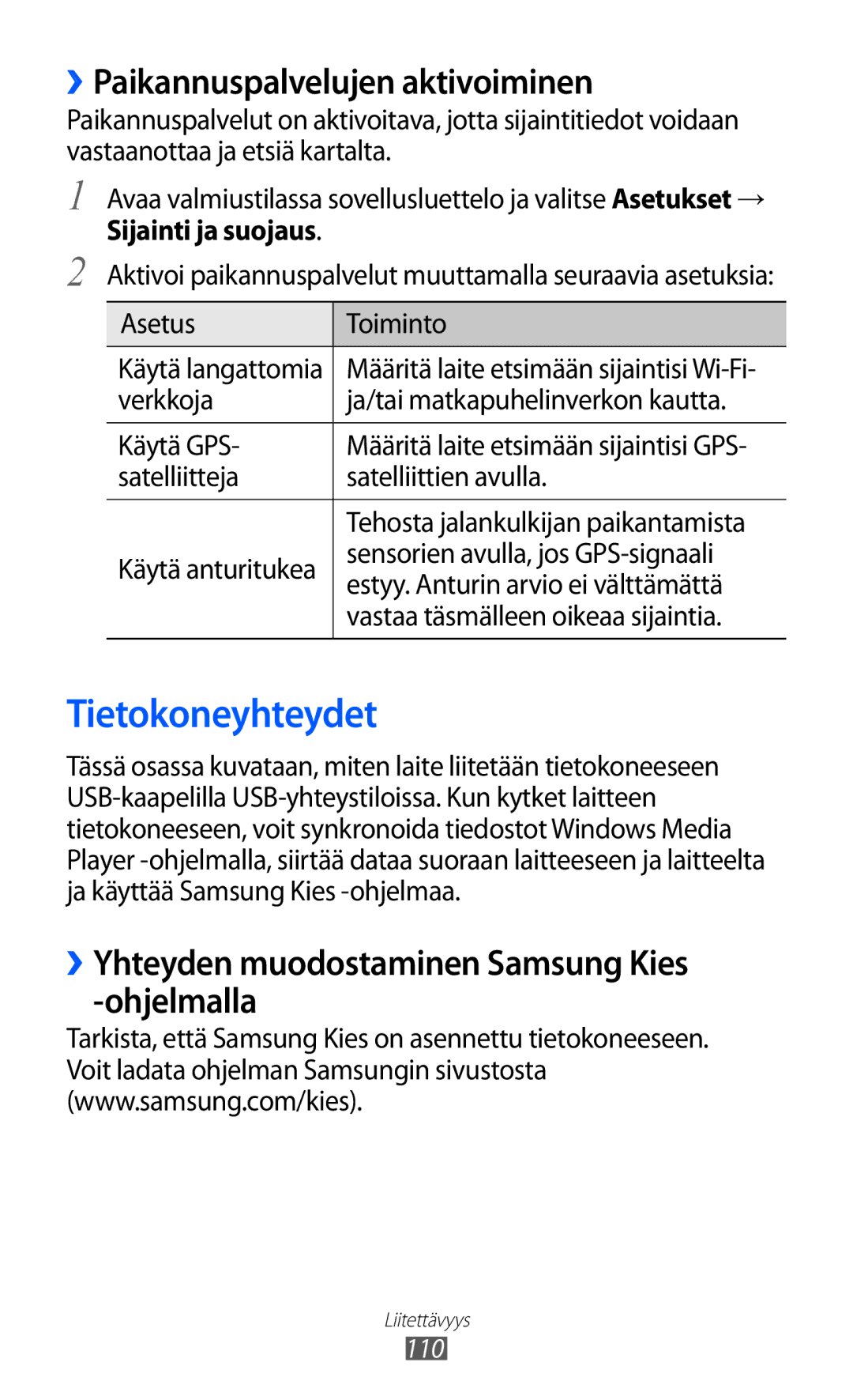 Samsung GT-I9070RWANEE, GT-I9070HKANEE manual Tietokoneyhteydet, ››Paikannuspalvelujen aktivoiminen, Sijainti ja suojaus 