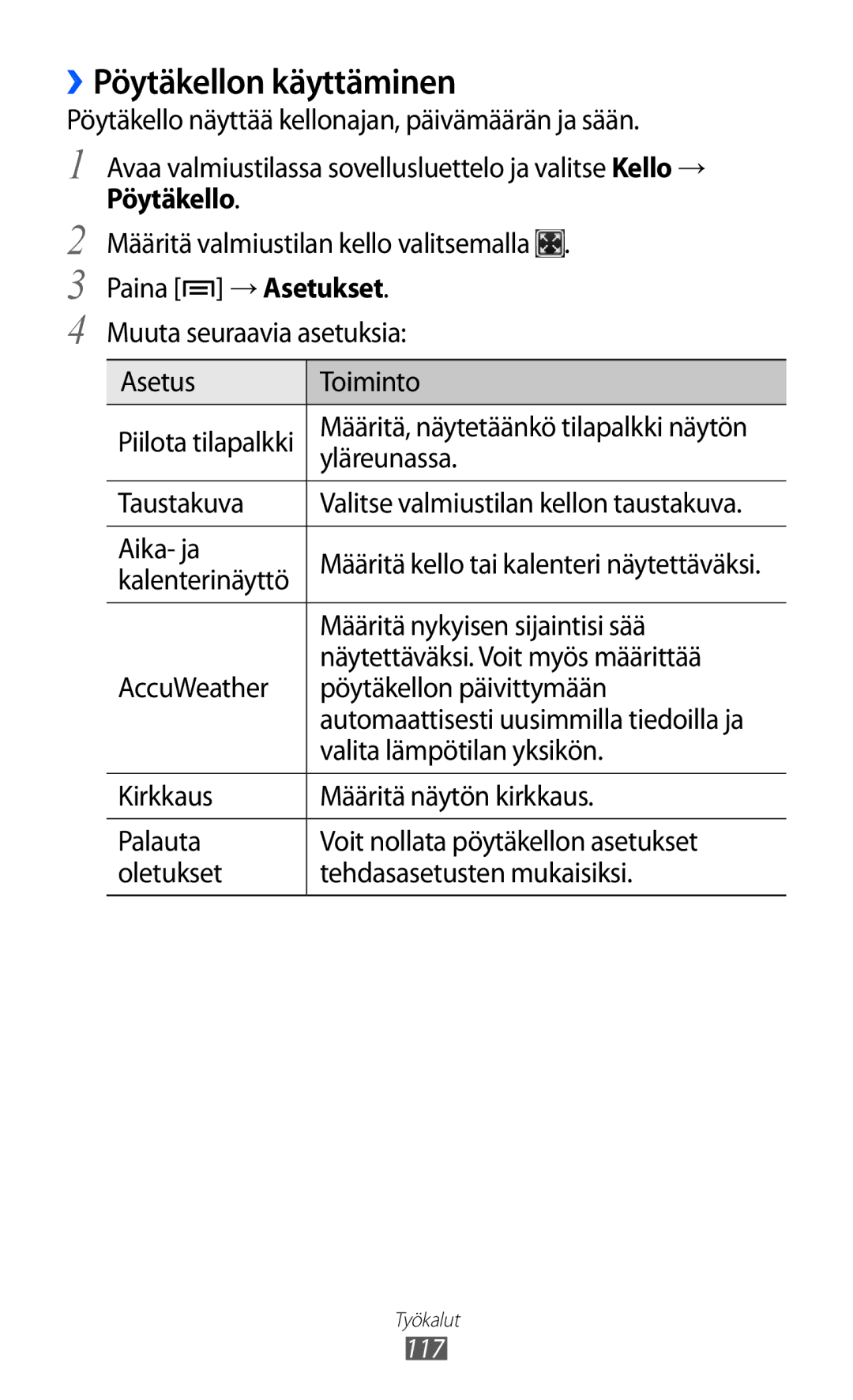 Samsung GT-I9070HKANEE, GT-I9070MSANEE, GT-I9070RWANEE manual ››Pöytäkellon käyttäminen 