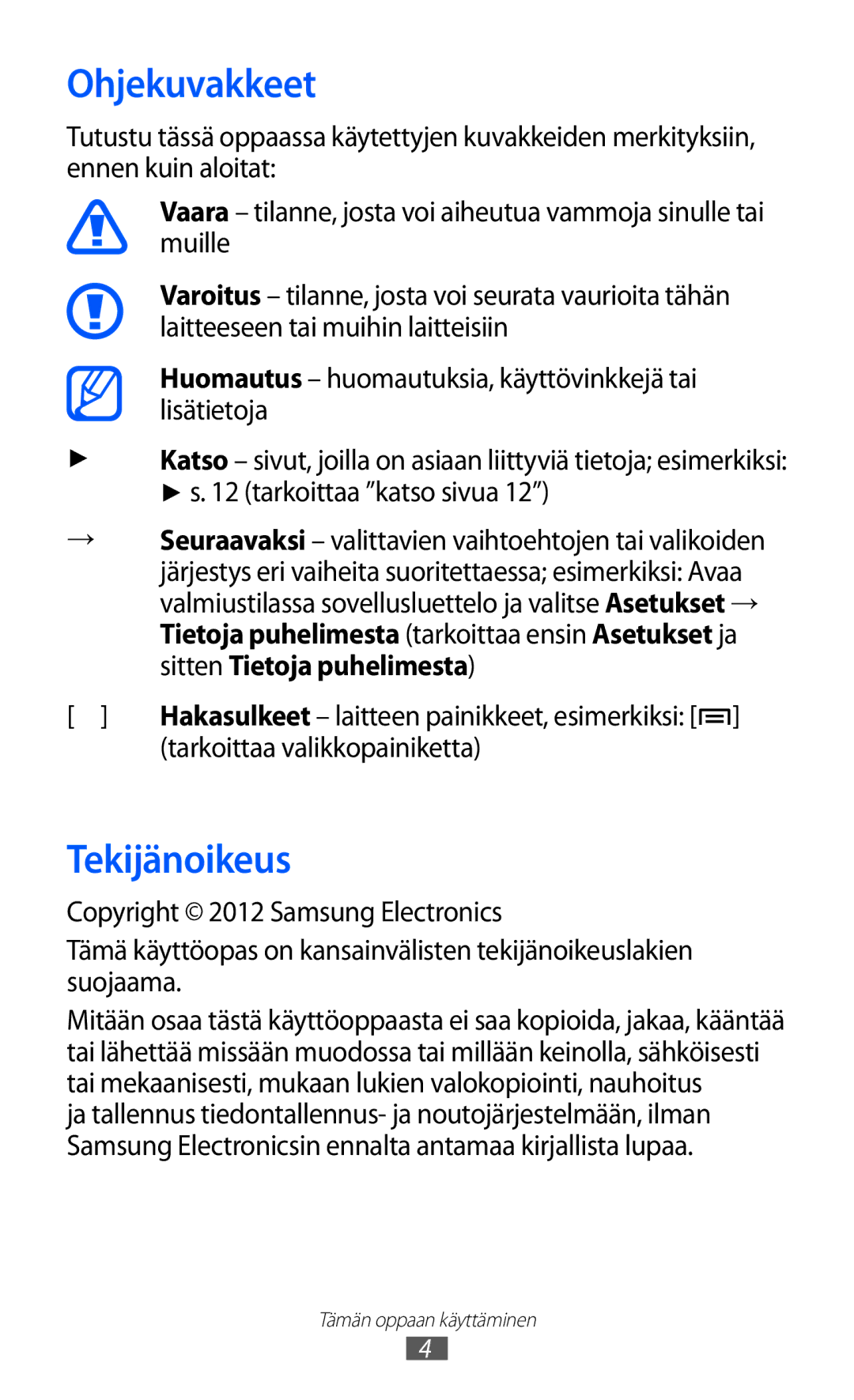 Samsung GT-I9070MSANEE, GT-I9070HKANEE, GT-I9070RWANEE manual Ohjekuvakkeet, Tekijänoikeus, Tarkoittaa valikkopainiketta 