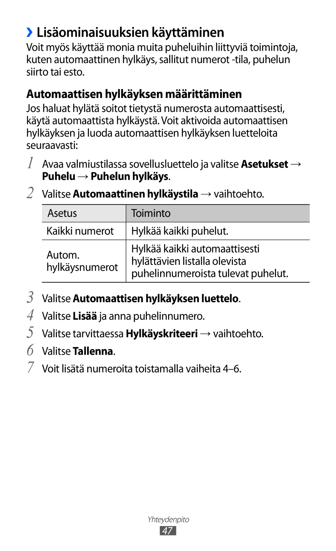 Samsung GT-I9070RWANEE, GT-I9070HKANEE manual ››Lisäominaisuuksien käyttäminen, Automaattisen hylkäyksen määrittäminen 