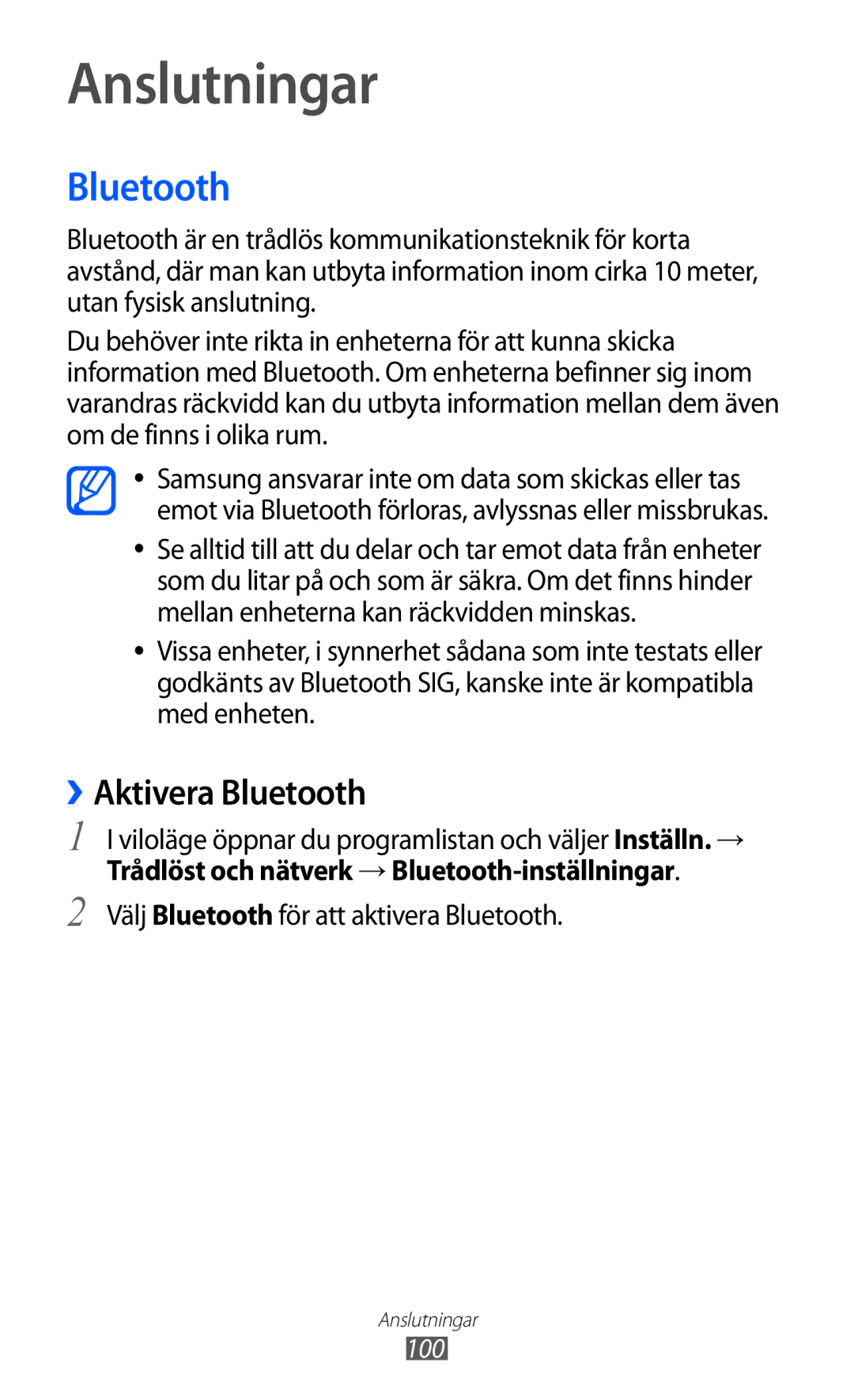 Samsung GT-I9070MSANEE manual Anslutningar, ››Aktivera Bluetooth, Trådlöst och nätverk → Bluetooth-inställningar 