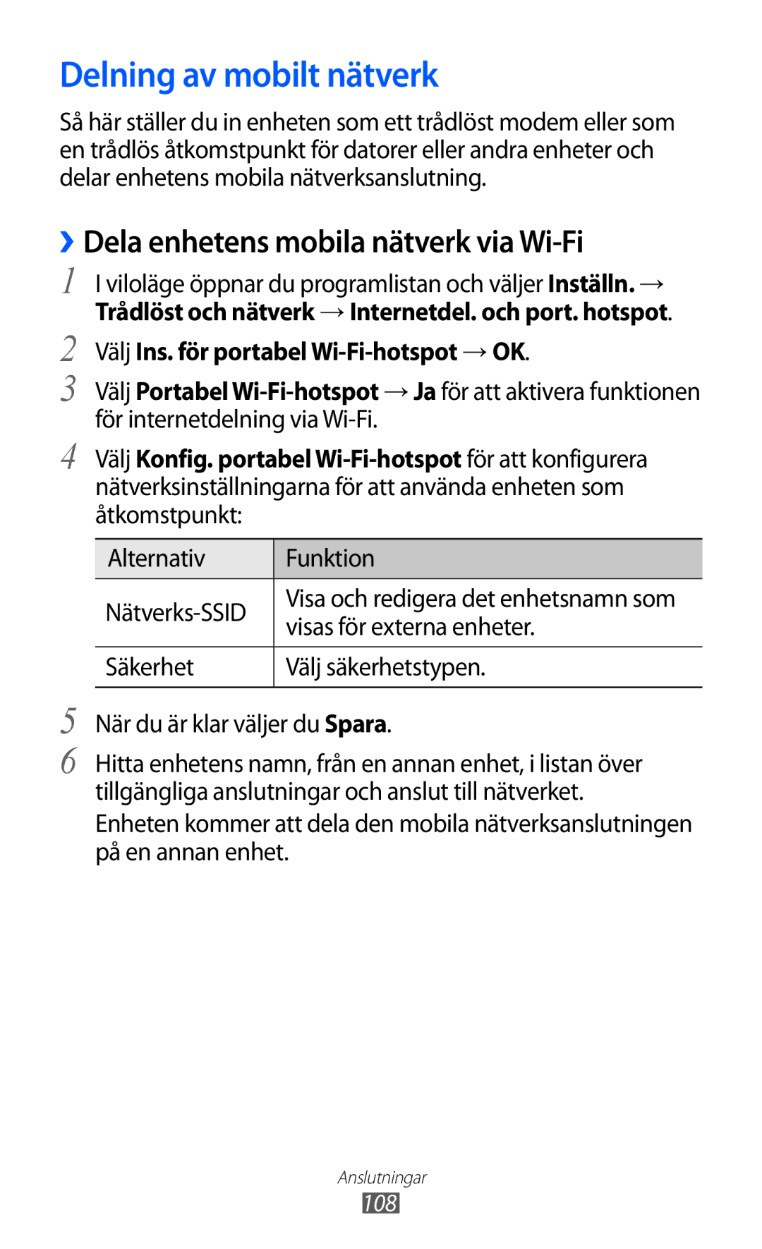 Samsung GT-I9070HKANEE Delning av mobilt nätverk, ››Dela enhetens mobila nätverk via Wi-Fi, Visas för externa enheter 