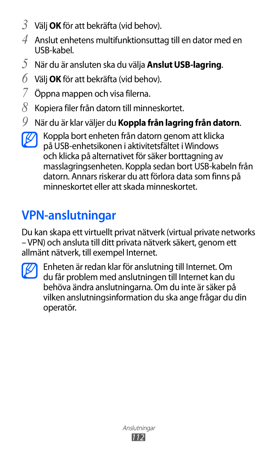 Samsung GT-I9070MSANEE, GT-I9070HKANEE VPN-anslutningar, När du är klar väljer du Koppla från lagring från datorn, 112 