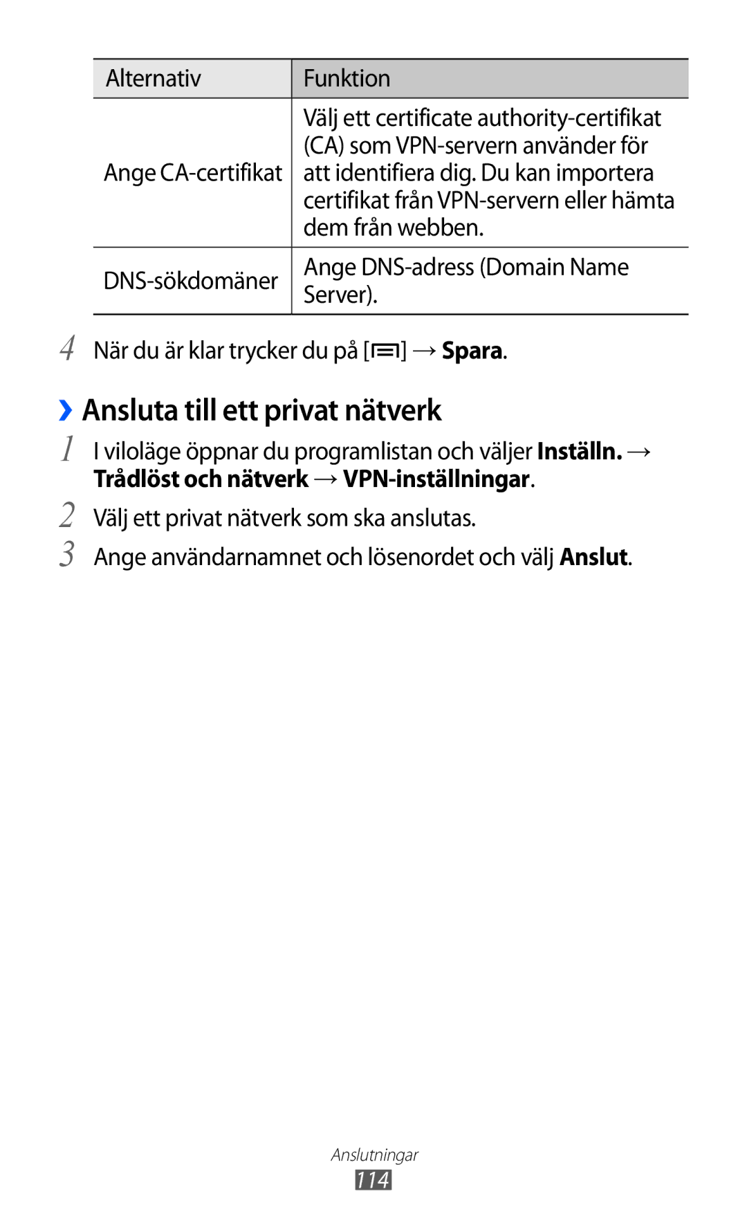 Samsung GT-I9070HKANEE, GT-I9070MSANEE manual ››Ansluta till ett privat nätverk, Trådlöst och nätverk → VPN-inställningar 