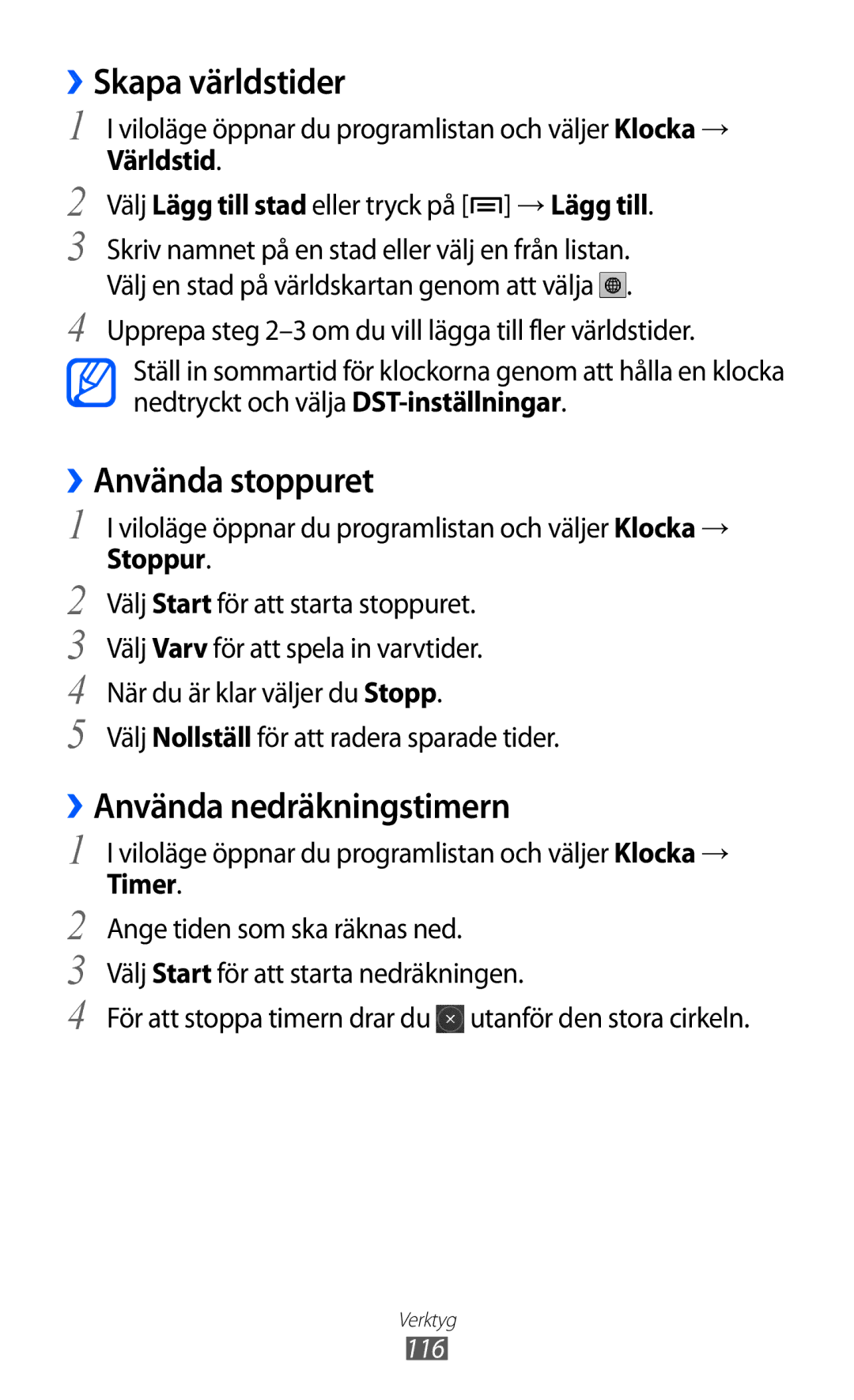 Samsung GT-I9070RWANEE manual ››Skapa världstider, ››Använda stoppuret, ››Använda nedräkningstimern, Världstid, Stoppur 